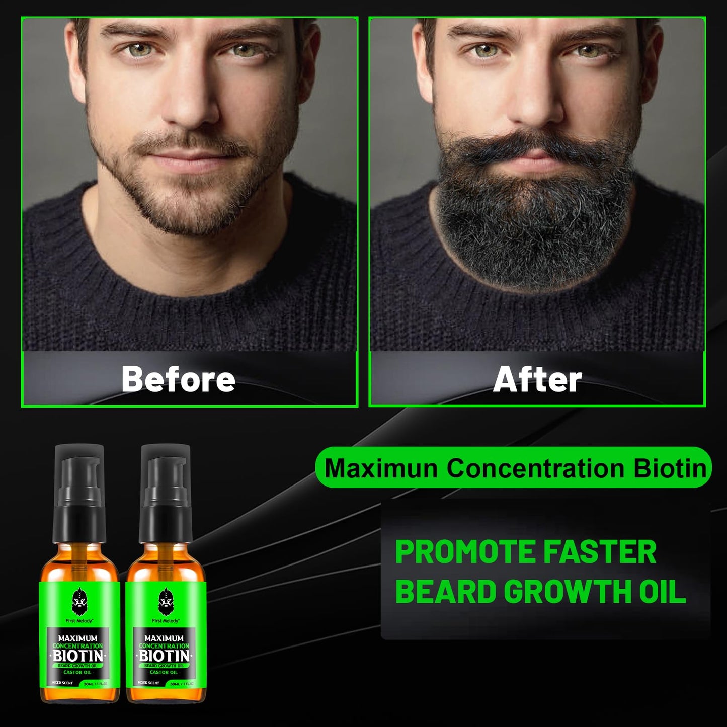 Beard Oil,Maximun Thickening Biotin, with Castor Oil and Argan & Jojoba Oils, Promotes Beard Growth, Styles, Strengthens & Softens Beards & Mustaches,1 Ounce*2(2 Pack)