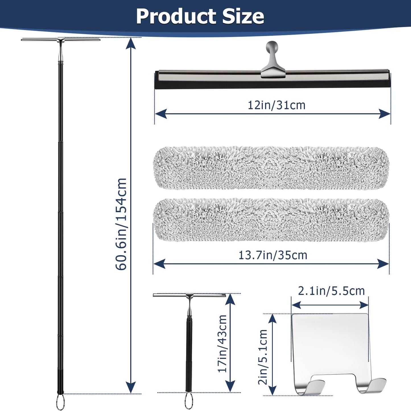 17'' - 62'' Metal Squeegee with Extension Pole for Window,Glass Door,Mirror, 12'' Wide Telescopic Shower Squeegee Cleaner with Long Handle for Cleaning Tile Wall,Floor,Bath,Car Windshield,Solar Panel