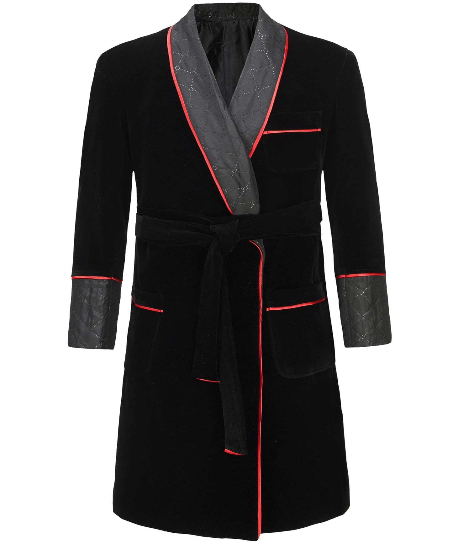 Apornipal Men's Long Velvet Smoking Jacket with Belt Shawl Lapel Smoking Robe Quilted Dressing Gown (Black,48R)