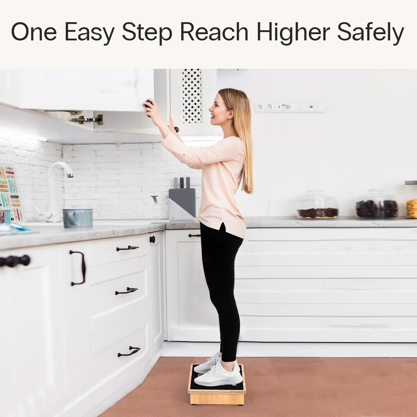 StrongTek One Step Stool for Adults with Non-Slip Rubber Stepping Surface, Portable Single Wooden Riser, 440 lb. Load Capacity for Kitchen, Bathroom, or Bedside, Kid and Senior Support (Natural)
