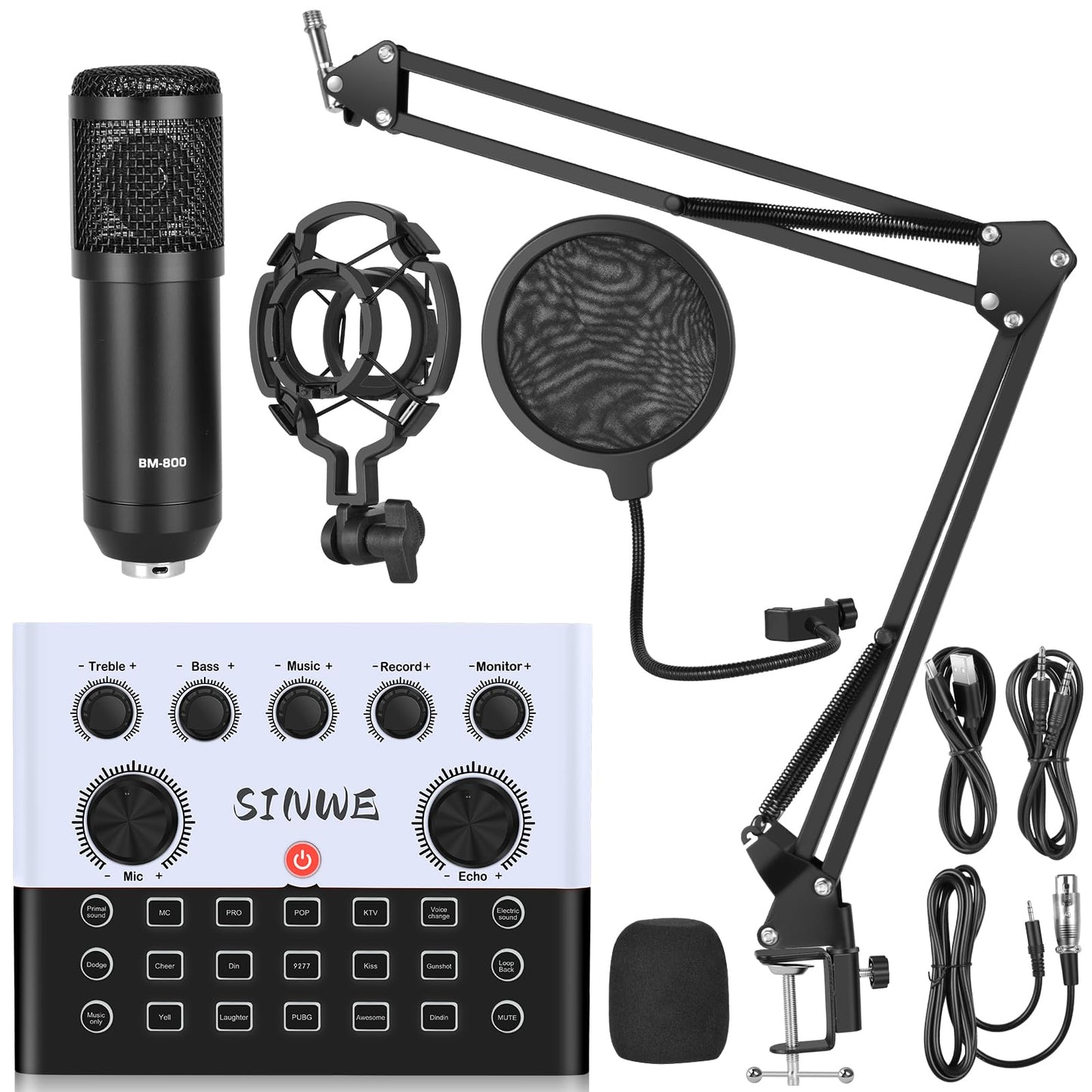 F993 All-in-One Podcast Equipment Bundle,BM-800 Recording Studio Package with Voice Changer, Live Sound Card - Audio Interface for Vlog/Live Streaming/Singing/YouTube/Gaming(White)