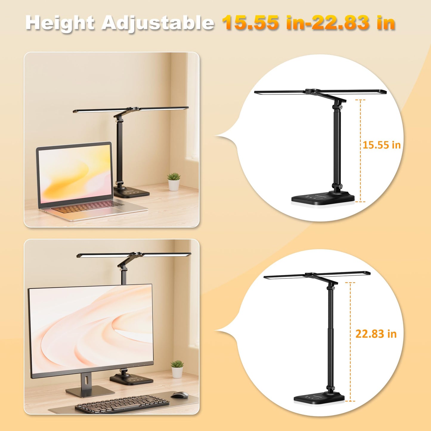 LED Desk Lamp for Office Home, Double Head Height Adjustable Desk Light with 50 Lighting Modes, Eye-Caring Architect Table Light for Reading, Study, Drafting, 45 Min Auto Timer