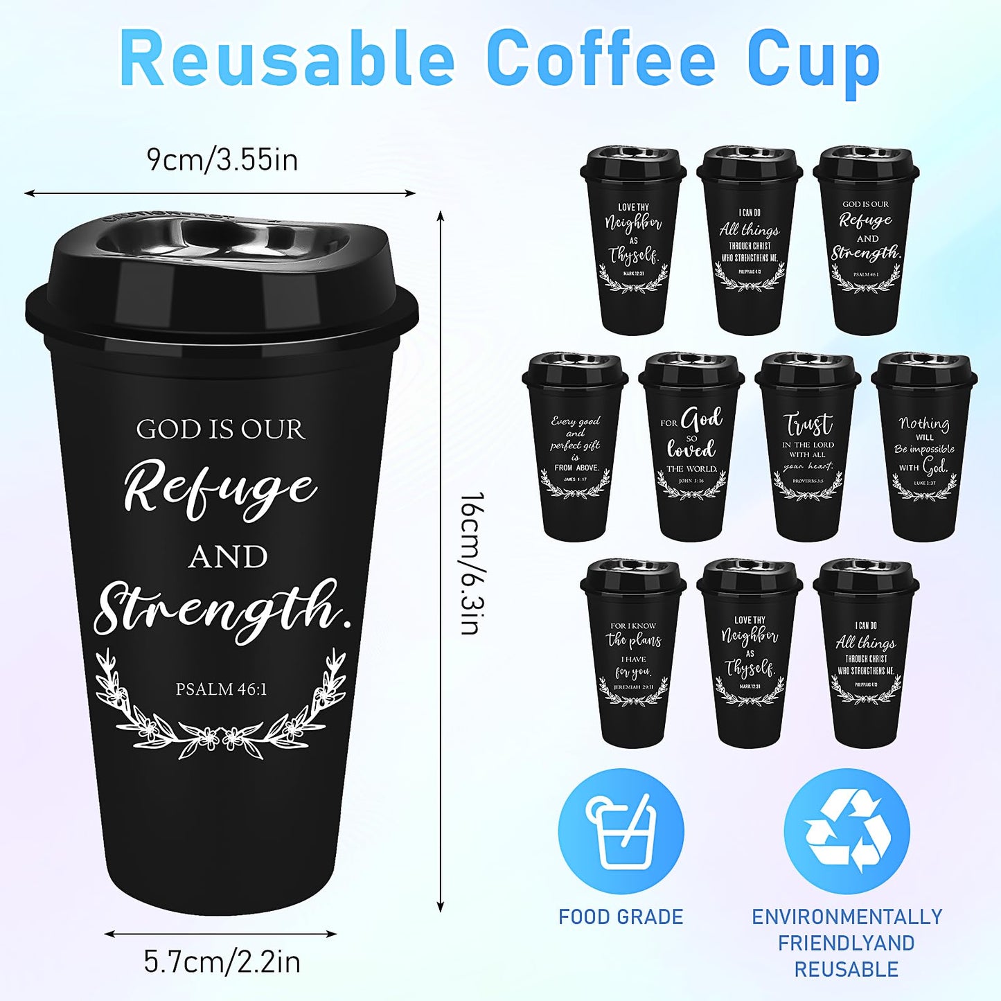 20 Pcs Reusable Christian Coffee Cups, 16 oz Bible Verse Plastic Tumblers with Lids, Religious Plastic Cups Bulk, Travel Coffee Mug Inspirational Christian Gifts for Men Women (Black)