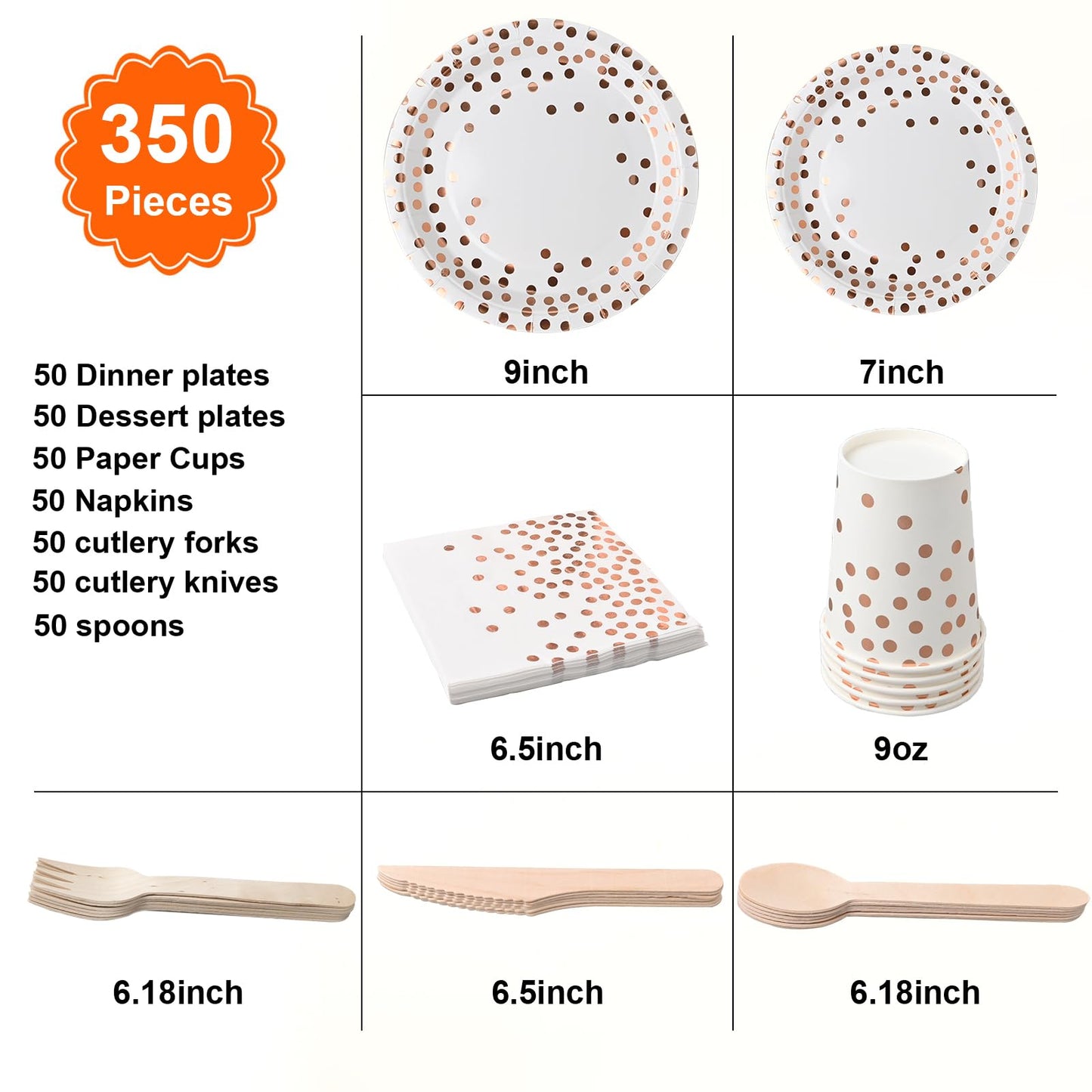 350Pcs White and Rose Gold Party Supplies, Disposable Dinnerware Set - Paper Plates Napkins Cups Plastic Forks Knives Spoons for Birthday Christmas Party Baby Shower New Years Eve Decor, Severs 50