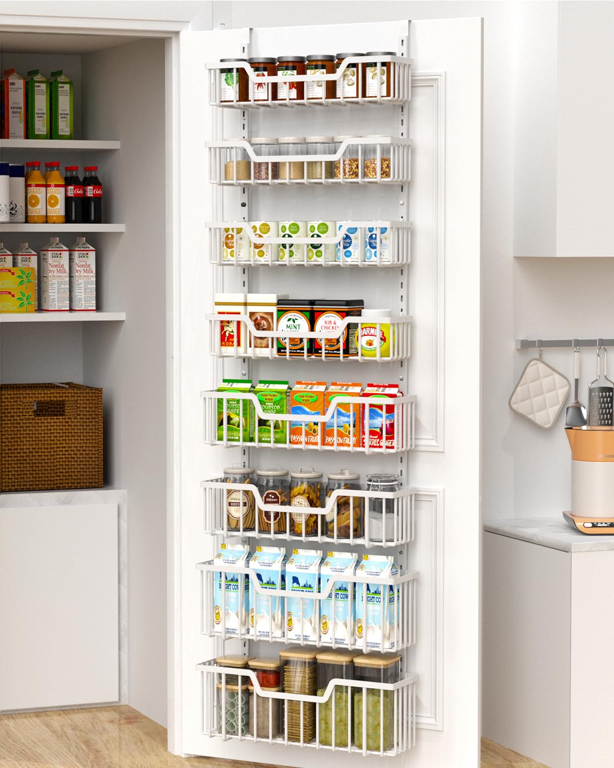 VyGrow Over The Door Pantry Organizer, 8-Tier Pantry Door Organizer Shelves | 3 Sizes | Adjustable Basket | Metal Hanging Spice Rack for Kitchen, Pantry, Cabinet, Back of Door Seasoning Rack, White
