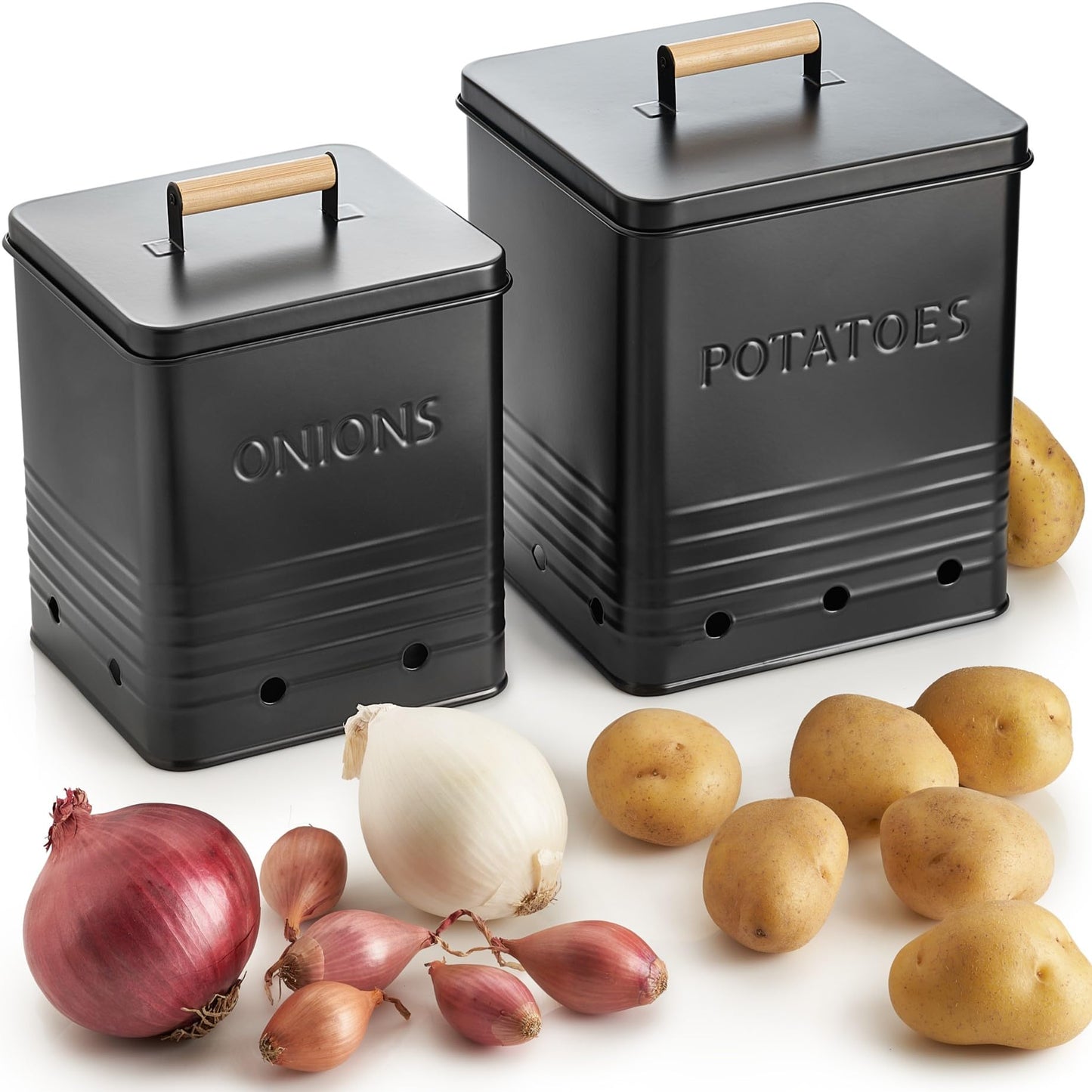 ZICOTO Beautiful Potato Storage Box Set of 2 For Kitchen Countertop - Perfect Storage Containers For Onion, Garlic, Vegetable - Food Safe Metal Holder Bin Set For Fruits