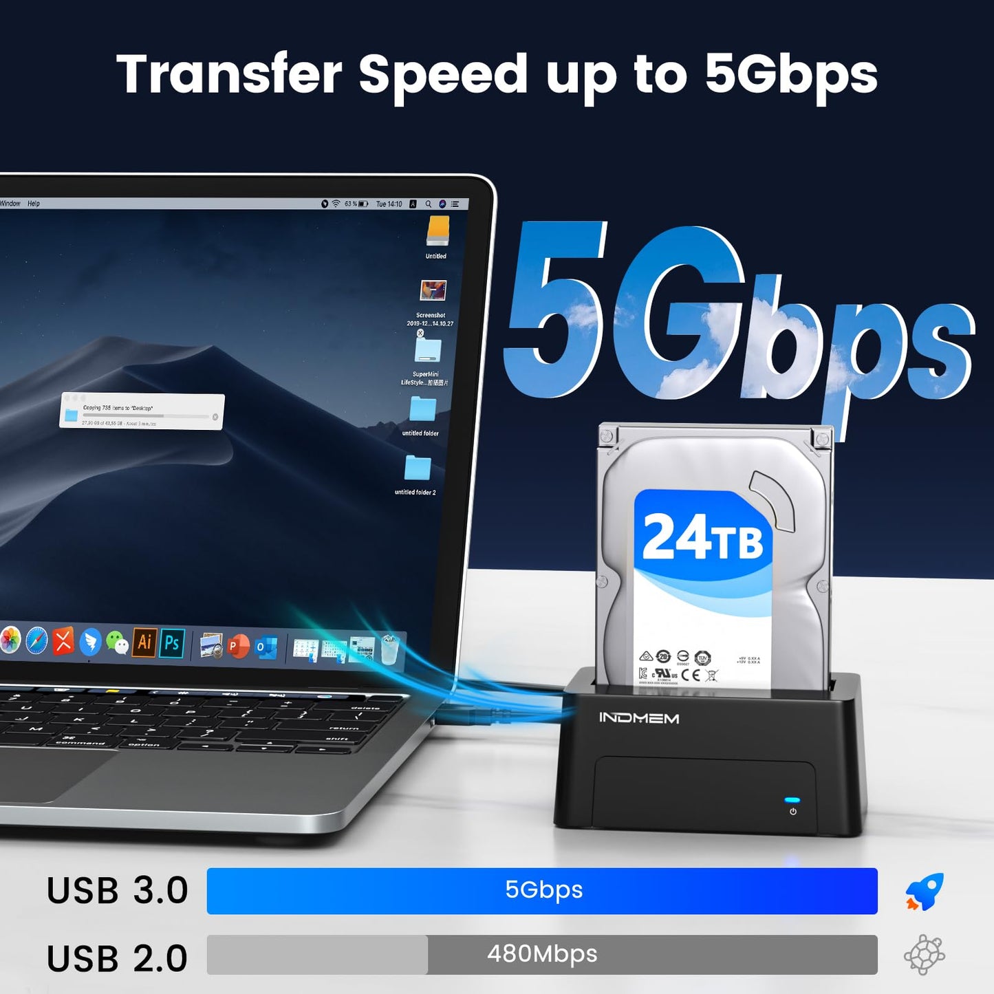 INDMEM Upgraded SAS to USB 3.0 Adapter, SAS/SATA Hard Drive Enclosure Reader Converter Docking Station for 2.5/3.5 inch Server HDD SSD with 12V/2A Power Adapter,Support up to 24TB