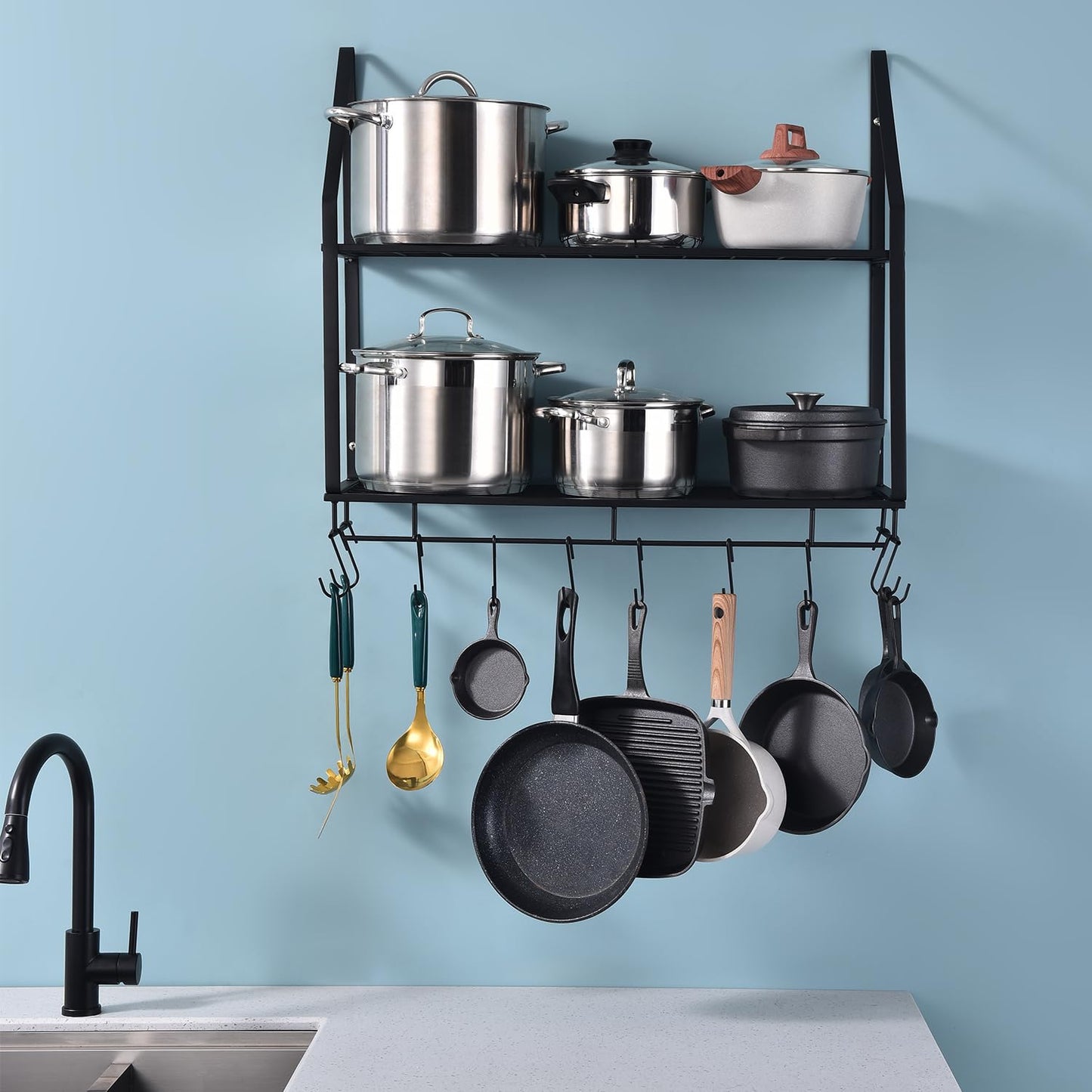 Hoooh 30-Inch Wall Mount Pot Racks - 2-Tier Pot Rack Pan Hanger for Kitchen Storage and Organization - Matte Black Cookware Hanging Shelves with 10 Hooks