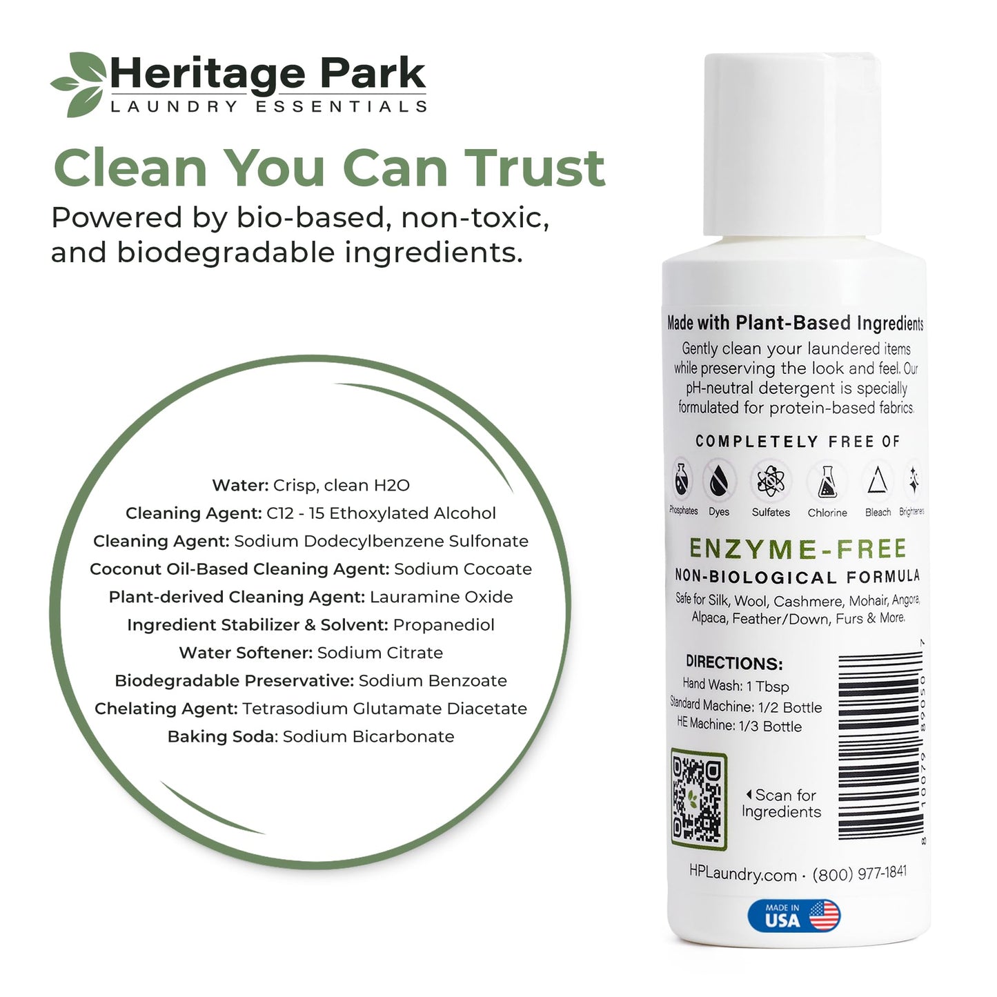 Heritage Park Silk & Wool Fragrance Free, Hypoallergenic, pH-Neutral Laundry Detergent - Dermatologist-tested, Sensitive Skin-Friendly, Enzymes-Free, Ultra Concentrated (4 fl oz Trial Size)
