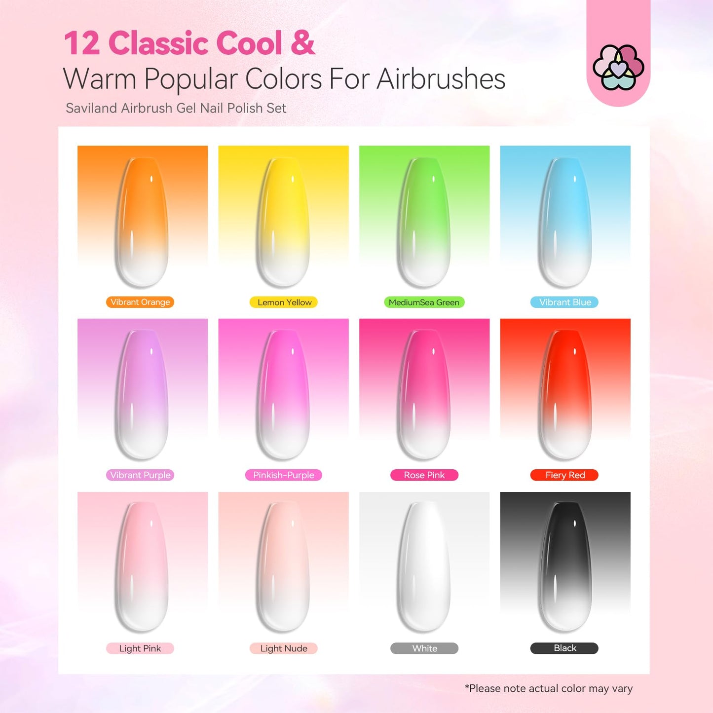 SAVILAND 12 vitality Colors 15ml Airbrush Gel Nail Polish Set With Fine Mist Nail For Color Spray Perfect Nail Art Design Without Dilution Soak Off Nails Gel Set For Beginners Profession French Nail Lover