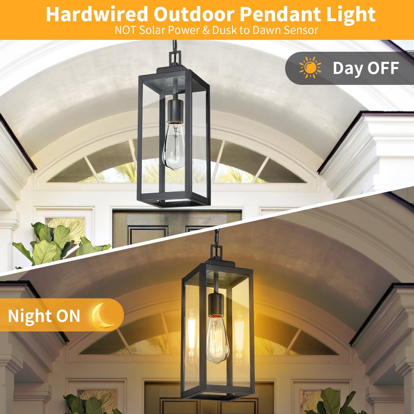 15'' Outdoor Pendant Light, Modern Outside Chandelier Outdoor Hanging Lantern Light, Matte Black with Clear Glass, Exterior Pendant Lighting Fixture for Porch, Yard, Gazebo, 1Pack