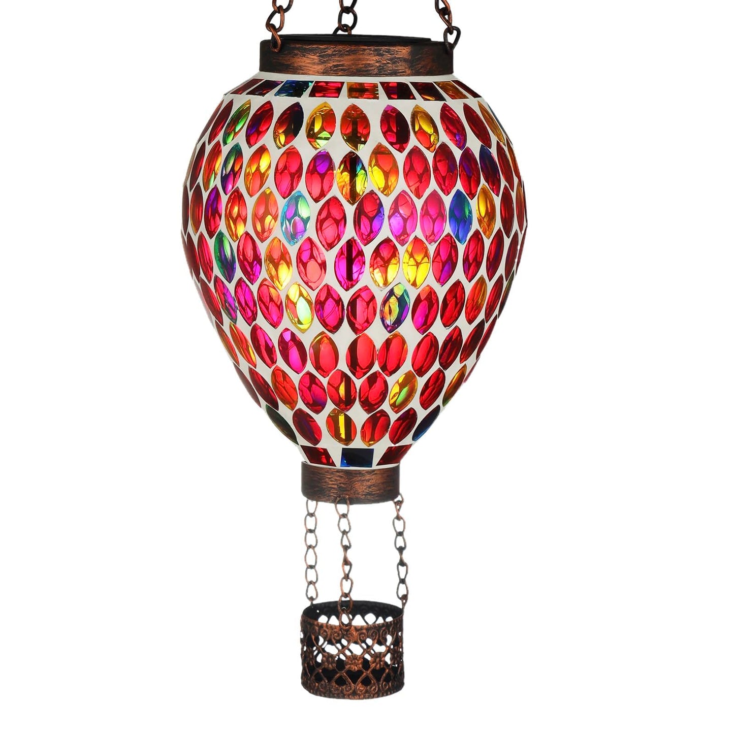 VOREEN Hot Air Balloon Solar Lantern, Mosaic Glass Hanging Solar Lights for Outside Garden & Patio, Waterproof Outdoor Decor, Handmade Art Glass Balloon (Red)