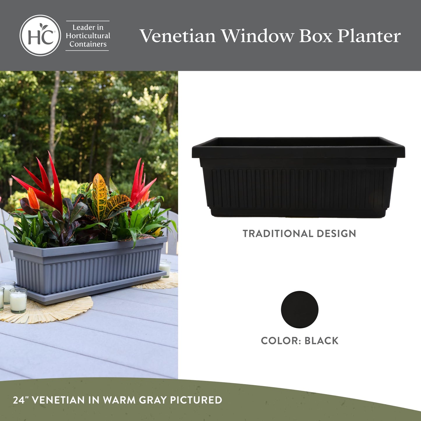 The HC Companies Venetian Window Planter Box w/Drain Plug - Long Planter Box for Windowsills, Balconies & More - Plastic Rectangular Outdoor Planters for Herbs & Flowers (18" Black, Pack of 2)