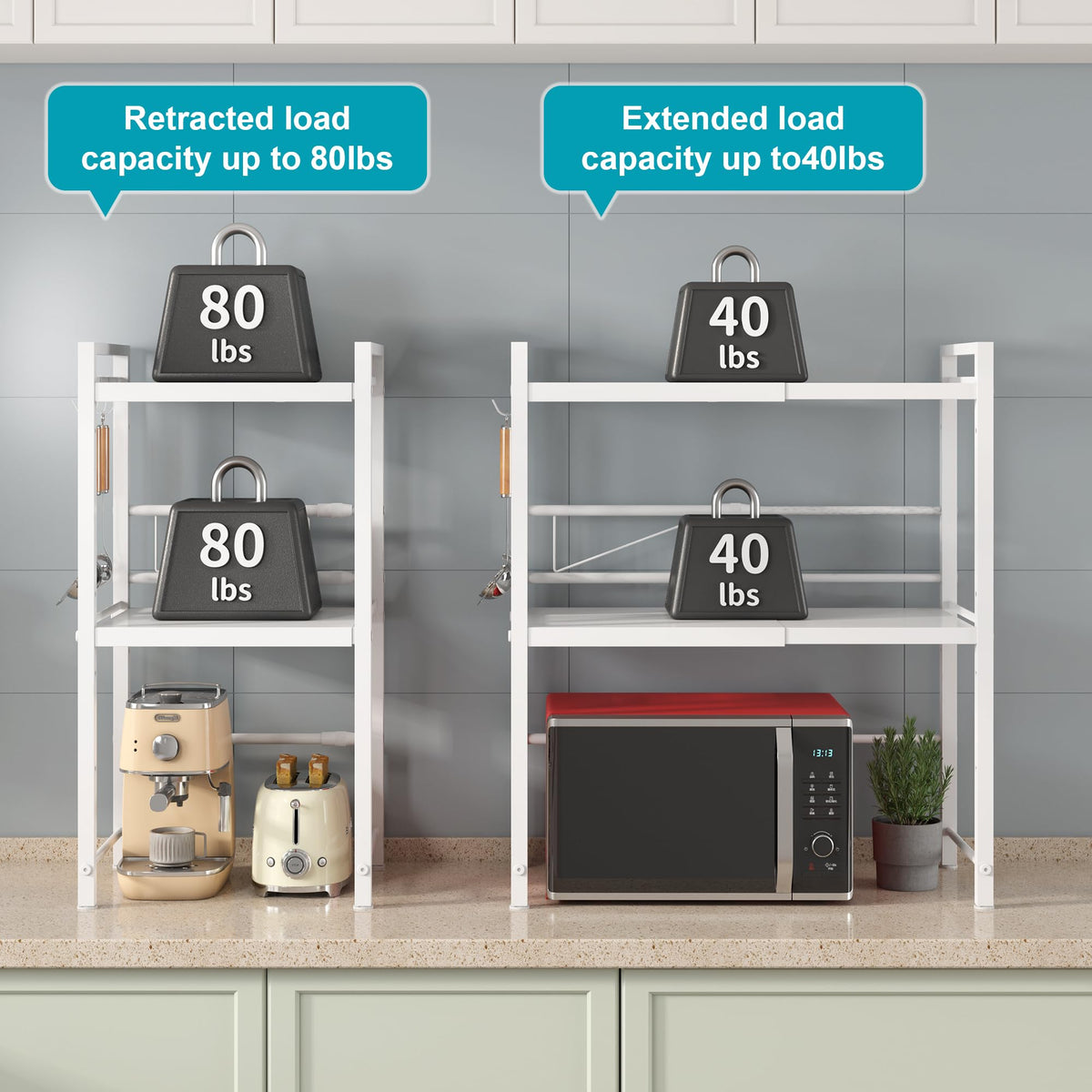 DOLALIKE Microwave Oven Rack, Expandable Microwave Stand Countertop Kitchen Utensils Tableware Storage, Carbon Steel Over Microwave Shelf Countertop 3 Tier with 3 Hooks