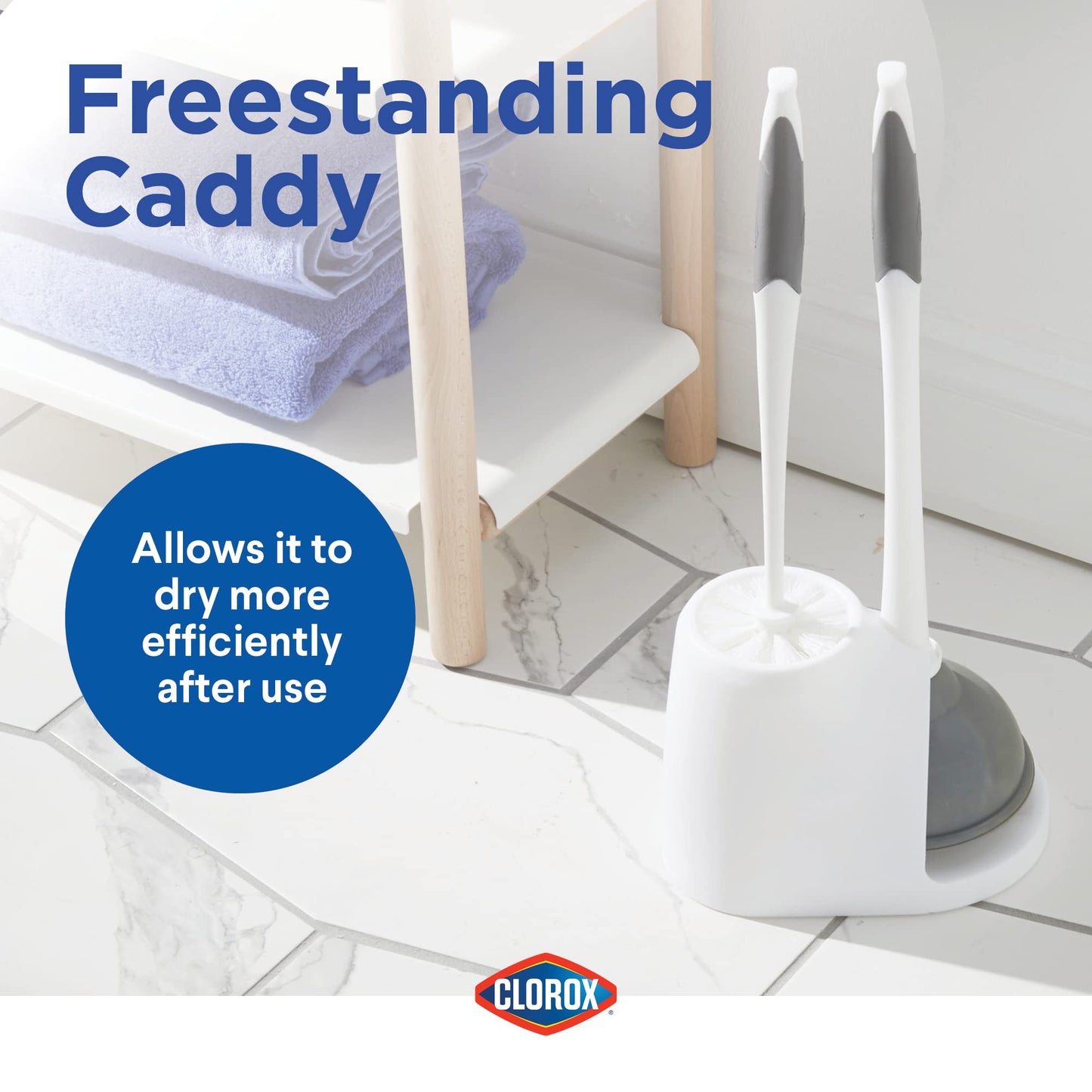Clorox Toilet Bowl Brush & Plunger Combo Set with Storage Caddy, Set of 2 - Toilet Plunger for Bathroom, Bathroom Organizer & Storage, Bathroom Accessories, Toilet Unclogger, Long Handled Toilet Brush