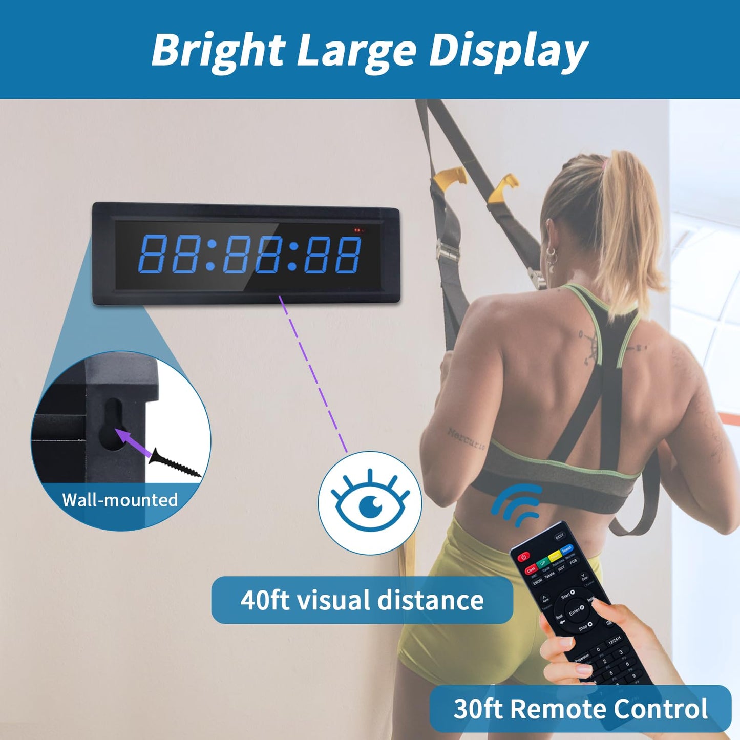 GAN XIN Gym Timer Clock with Remote Control & Push Button,7 RGB Color, Programmable Interval Timer, Countdown/Up Stopwatch,Wall Clock for Home Gym Garage,Portable Training Accessories(Plug-in)