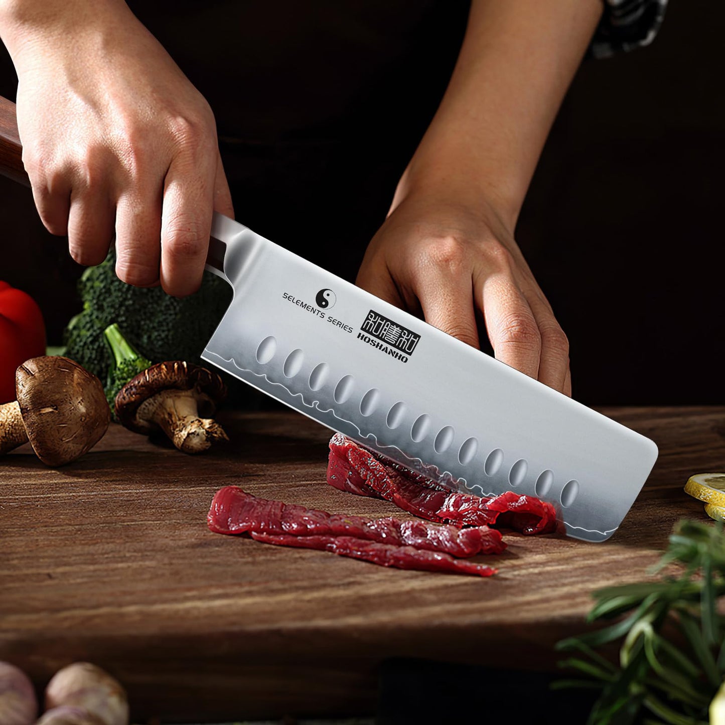 HOSHANHO Nakiri Knife 7 Inch, Hand Forged Japanese Super Steel Chef Knife, Multipurpose Meat and Vegetable Kitchen Knife with Red Sandal Wooden Handle & Gift Box