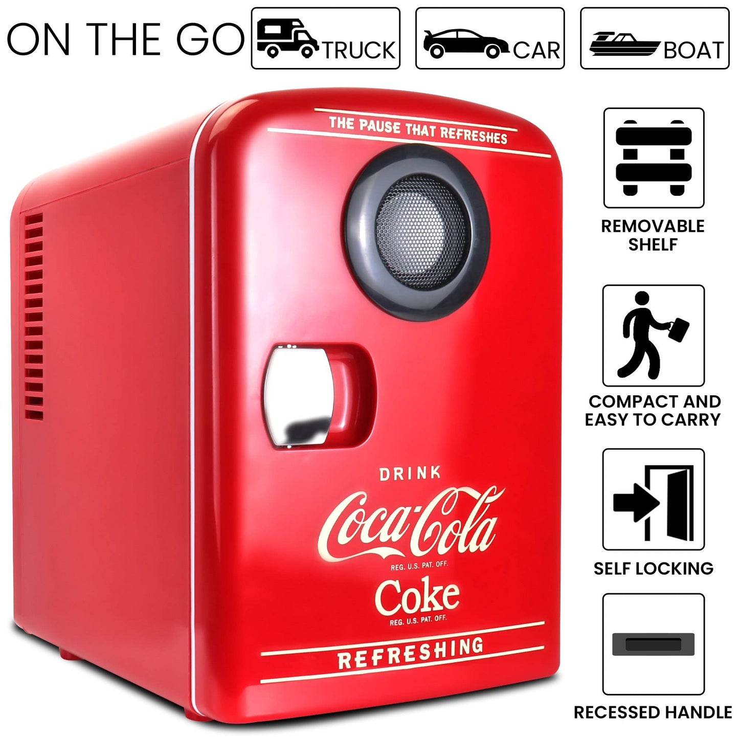 Coca-Cola 12V Portable Built in Speaker with 4L Mini Fridge, Compact Speaker and Personal Cooler/Warmer for Desk Office Dorm, Unique Gift for Music-Lovers and Students