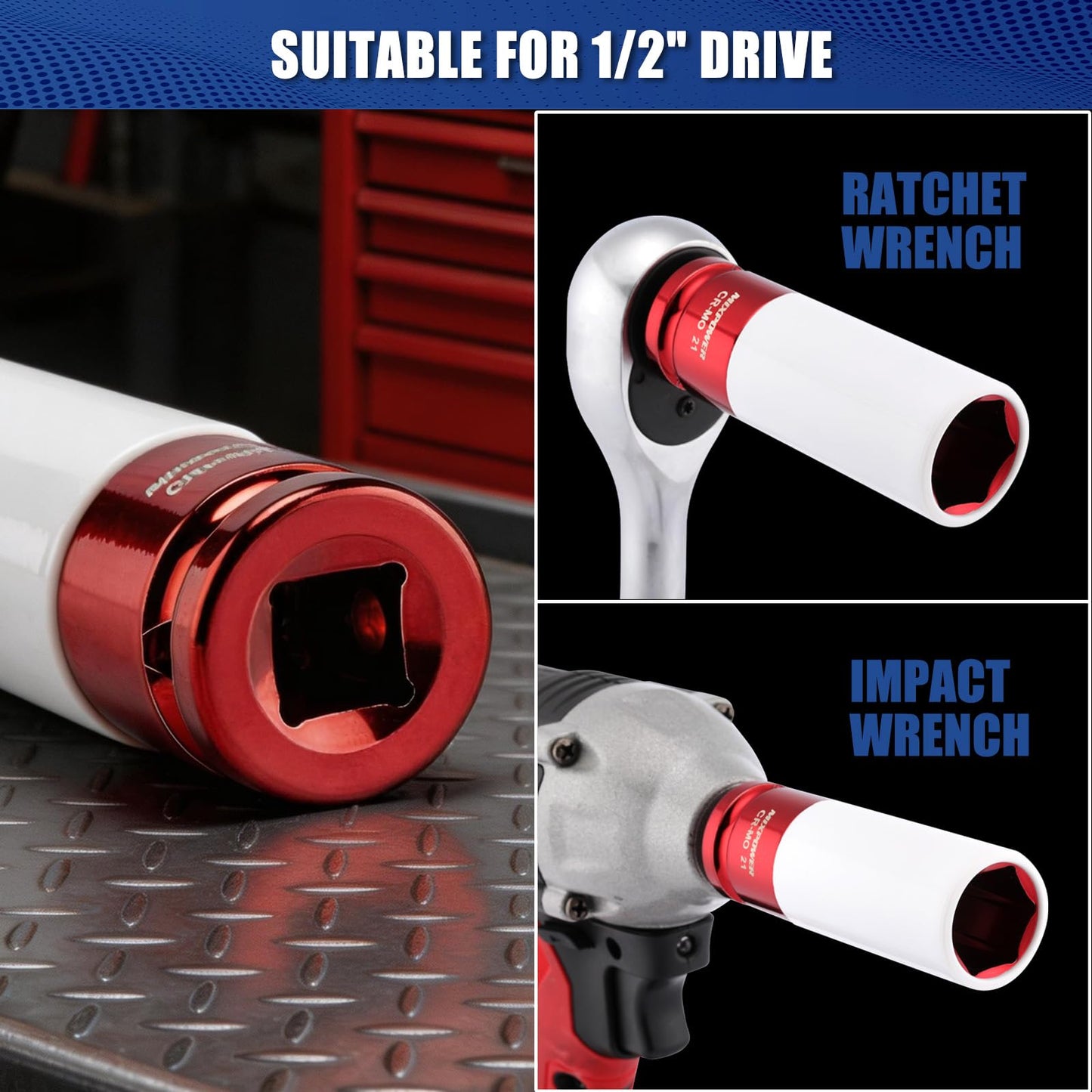MIXPOWER 5 Pieces 1/2" Drive Wheel Protector Impact Socket Set, CR-MO, Metric/SAE, Thin Wall Deep Impact Socket Set, 6 Point, Color-Coded, 17mm, 19mm, 21mm, 13/16", 7/8"