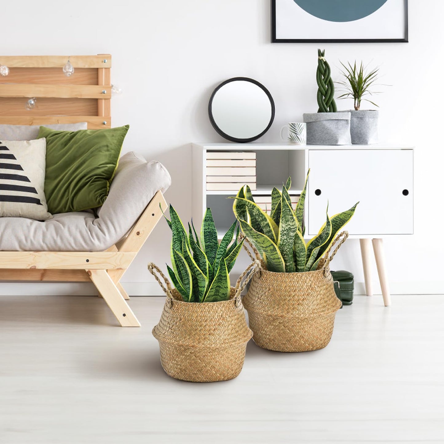 Yesland 2 Pack Woven Seagrass Plant Basket with Handles, Ideal Storage Plant Pot Cover for Laundry, Picnic, Beach Bag and Grocery Basket (L)