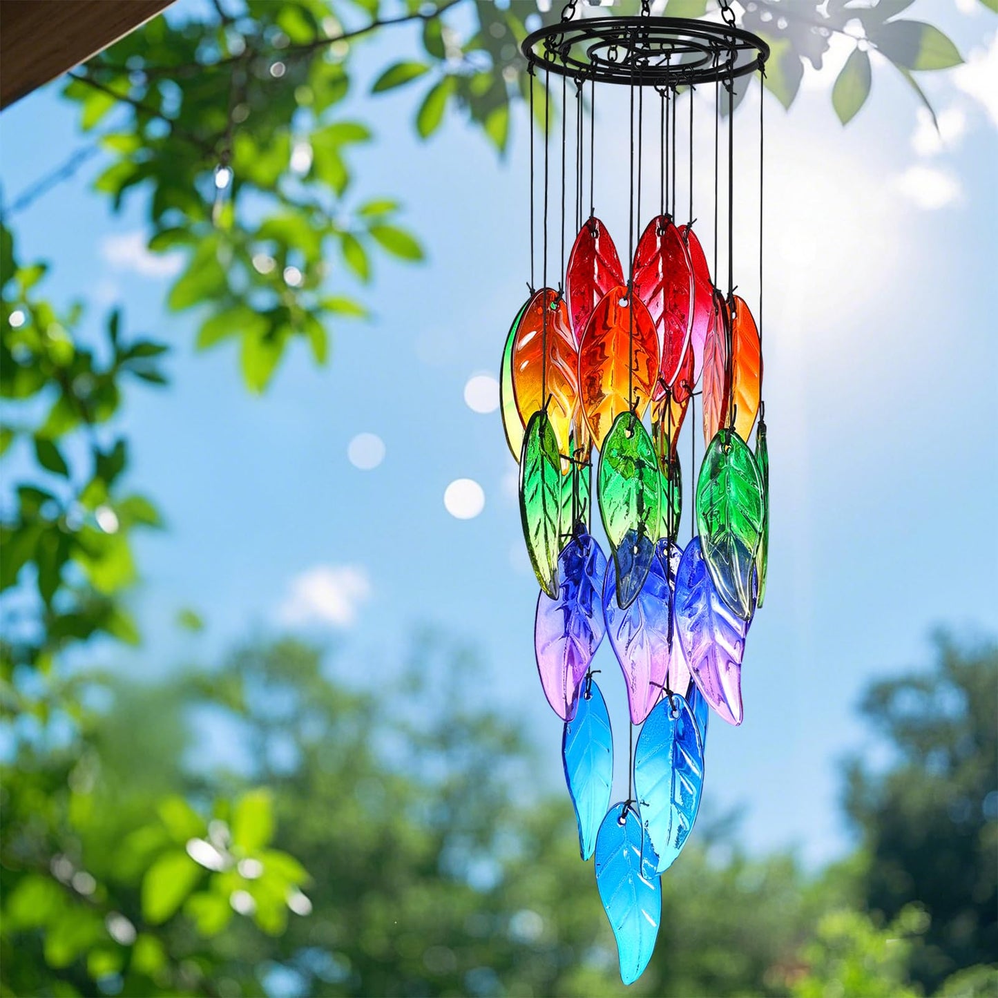 Small Sea Glass Wind Chimes for Outside, Fall Leaves Windchimes Outdoors Unique, Sea Glass Art Wind Chimes Outdoor Gifts for Women, Hanging Outdoor Garden Decor