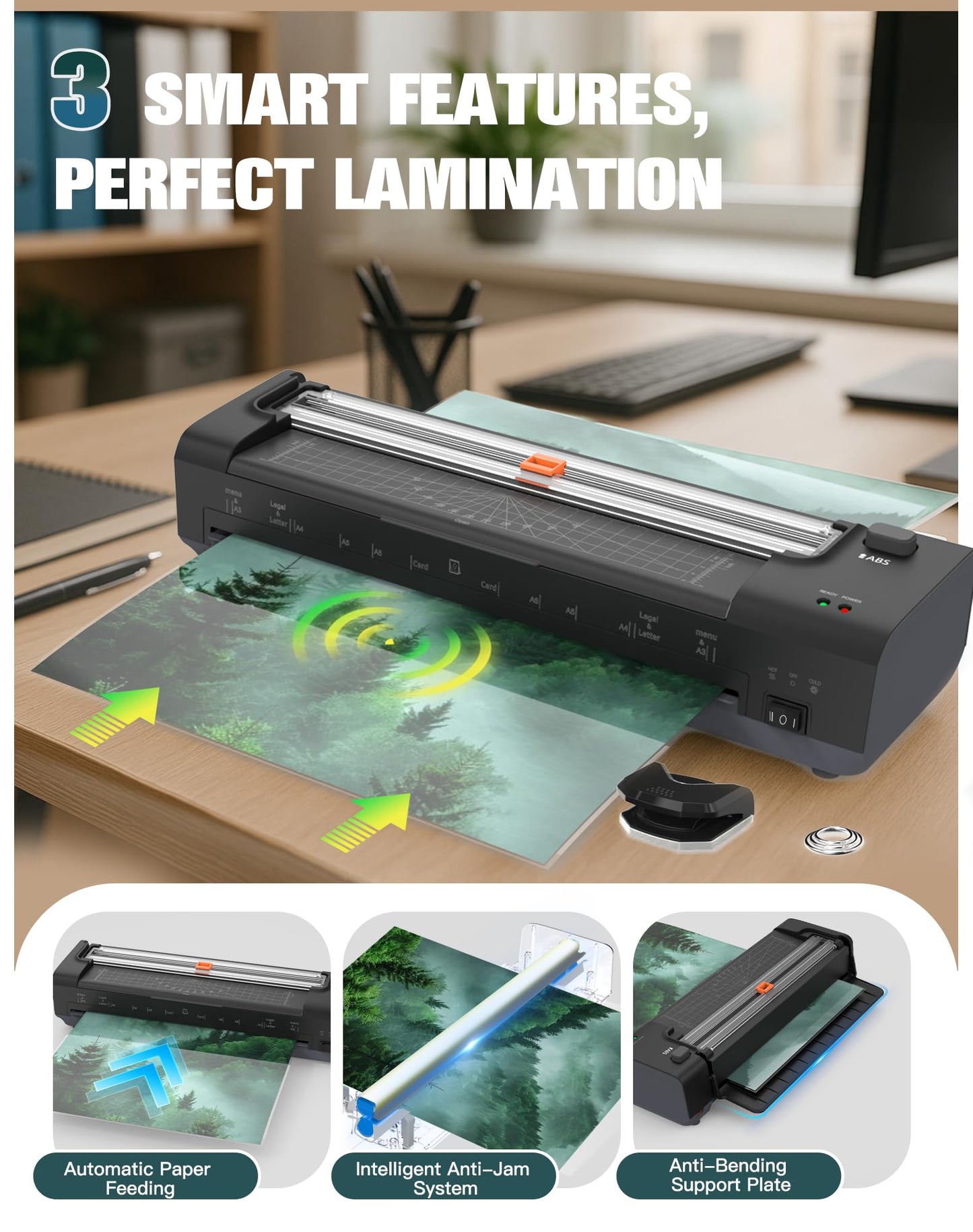 13 Inch Laminator Machine with Auto Paper Feed, Never Jam A3 Thermal & Cold Lamination, 20 Laminating Sheets, 10-in-1 Laminator with Cutter, Trimmer & Corner Rounder for Office School Home Useļ¼Blackļ¼
