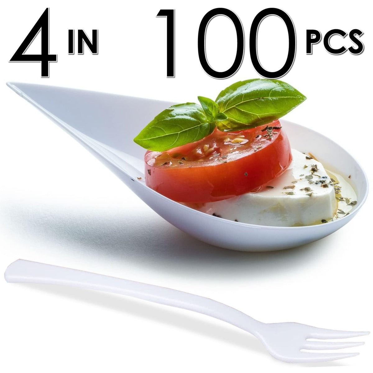 DLux 100 4-in Tear Drop Mini Appetizer Plates with Forks, Reusable White Plastic Spoons - Desserts and Appetizers Dishes Serving Plate - Asian Spoon Set, Small Catering Dessert Tasting Cups