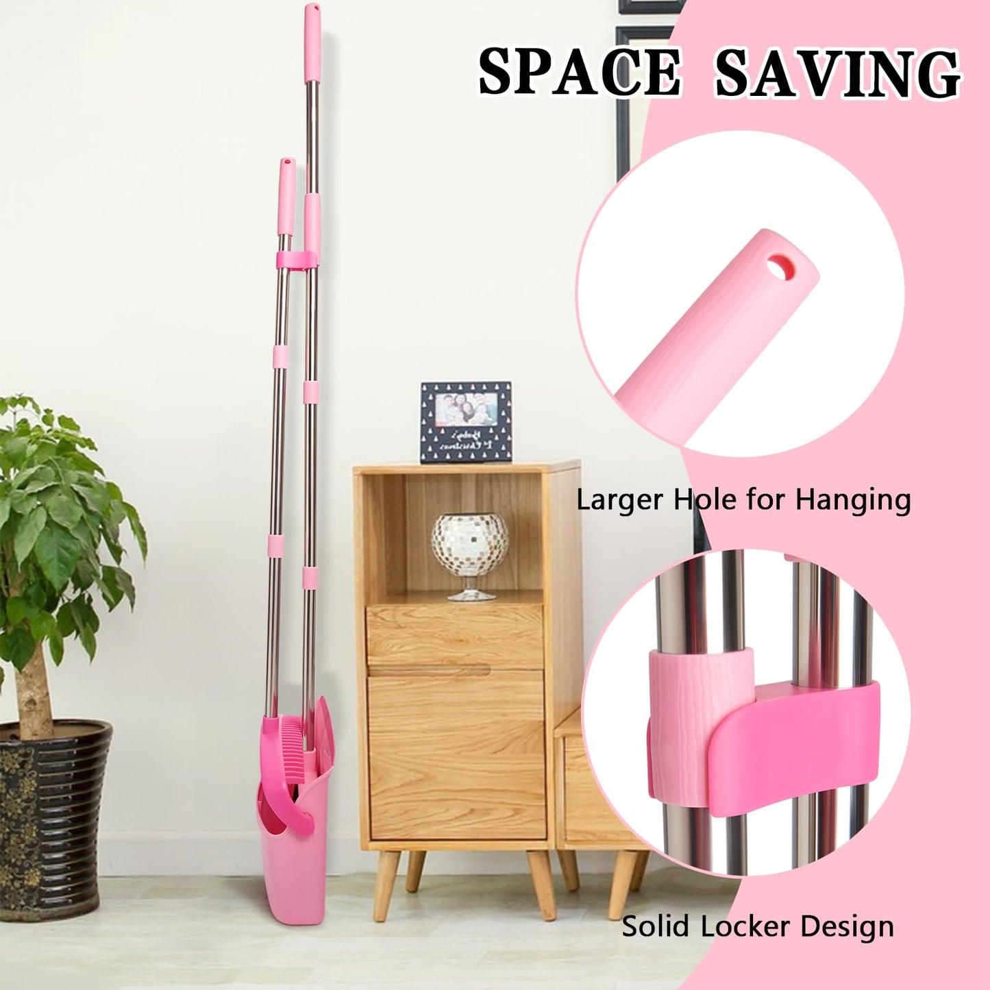 XXFLOWER Broom and Dustpan Set, Dustpans with Broom Combo with Long Handle Adjustable Length for Home, Kitchen,Office,Indoor(Pink)