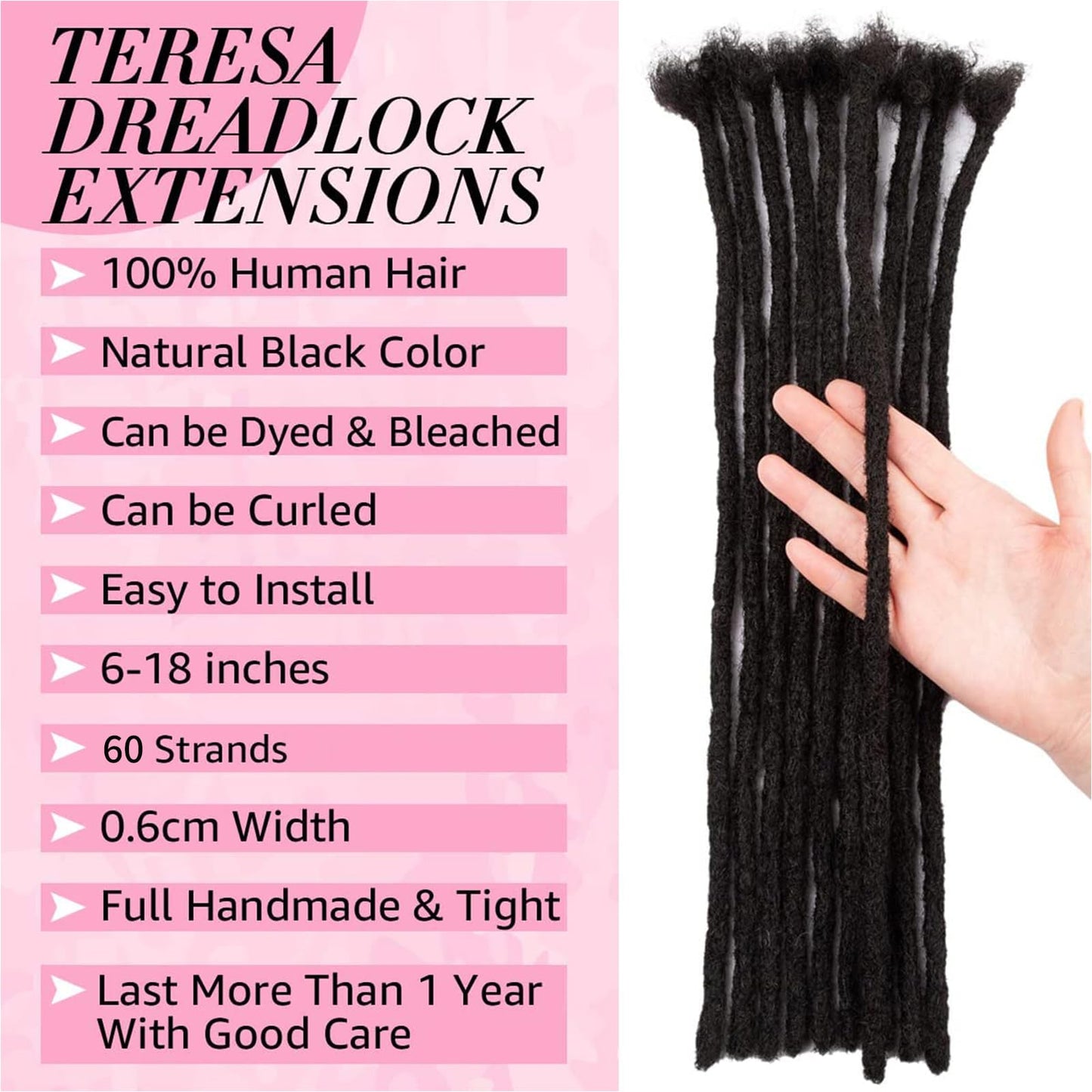 Alaleibaby 0.6cm Thickness 6 Inch 60Strands Real Human Hair Dreadlock Extensions for Man/Women Full Head Handmade Permanent loc Extensions Bundles Can Be Dyed Bleached Curled and Twisted