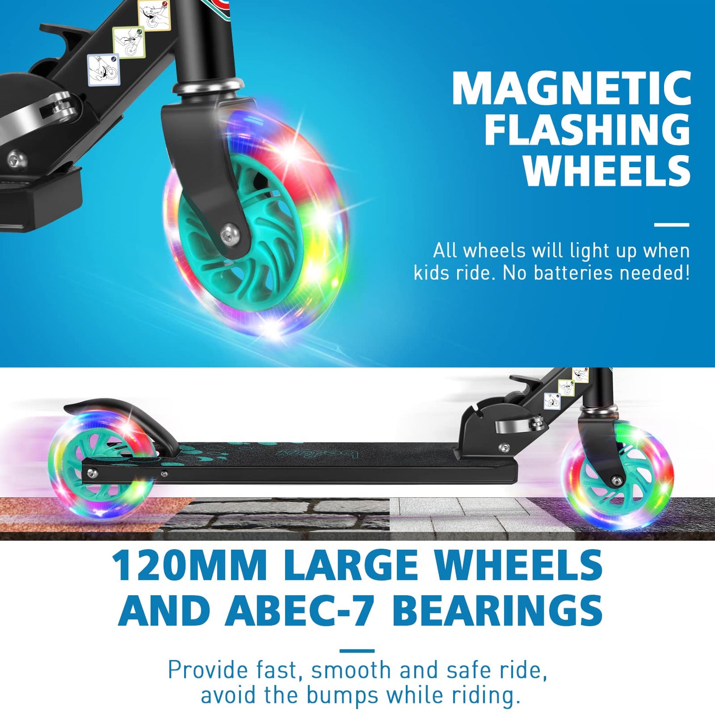 BELEEV V1 Scooter for Kids Ages 3-12, 2 Wheel Folding Kick Scooter for Children Girls and Boys, 3 Adjustable Height, LED Light Up Wheels, Lightweight Scooter with Sturdy Kickstand