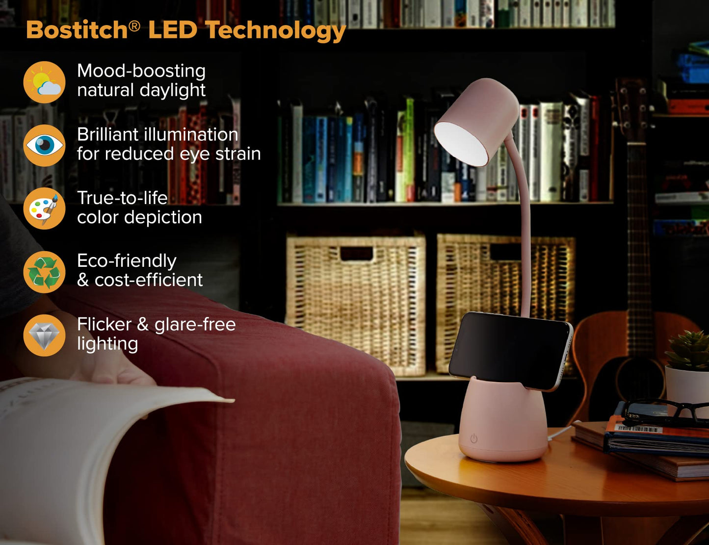 Bostitch Office LED2105-PNK Dimmable Lamp with Storage Cup, Three Brightness Levels, Touch Sensitive Dimmer, Energy-Efficient, Pink
