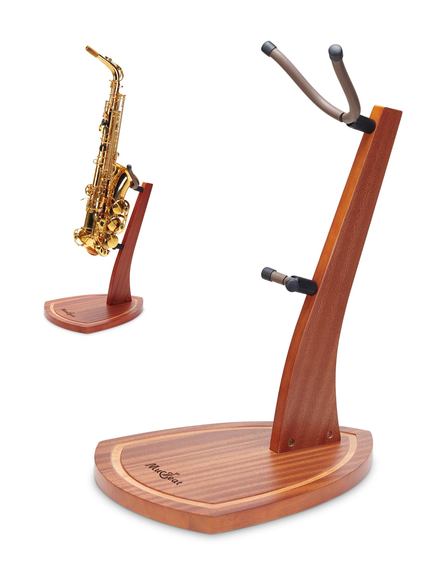 Musbeat Saxophone Stand, Wooden Sax Stand with Handcrafted Heavy Base, Saxophone Gifts Stand with 2 Soft Silicone Yokes for Alto Tenor Sax, Mahogany Wood Floor Stand for Saxophone Studio Home Display
