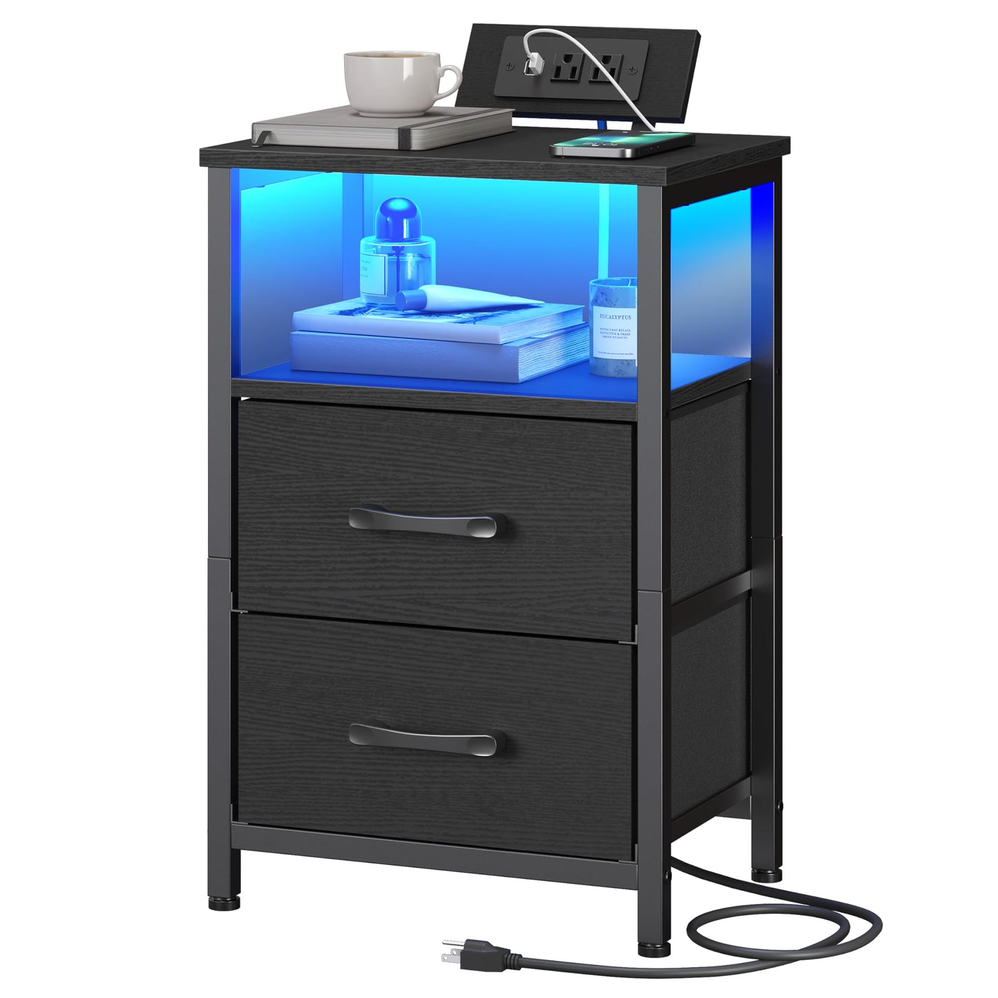 HOOBRO Nightstand with Charging Station, Bedside Table with LED Lights and 2 Fabric Drawers, End Table with Outlets and USB Ports, Small Night Stand for Bedroom, Black BB118UDBZ01