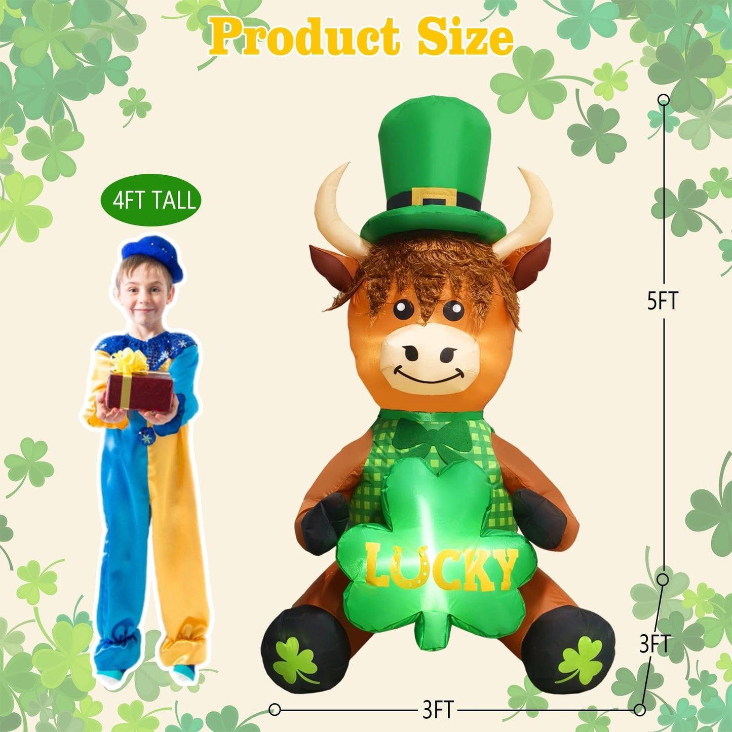 inslife 5FT Tall St. Patrick's Day Inflatable Outdoor Decoration Highland Cow Wearing Hat with Lucky Shamrock Built-in 2 LEDs for St. Patrick's Day Yard Garden Lawn Home Party Indoor Decor