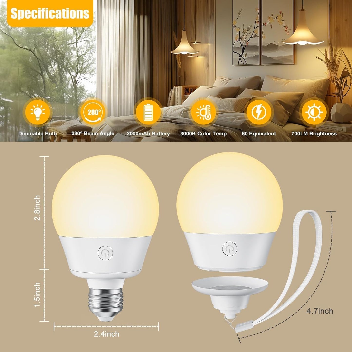 USB Rechargeable Light Bulb with Remote and Timer, Battery Backup Bulb for Sconces and Lamps, Portable Night Light, Emergency LED Light, E26 Detachable Charging, 3 Lighting Colors, Dimmer, 7W, 2 Pack