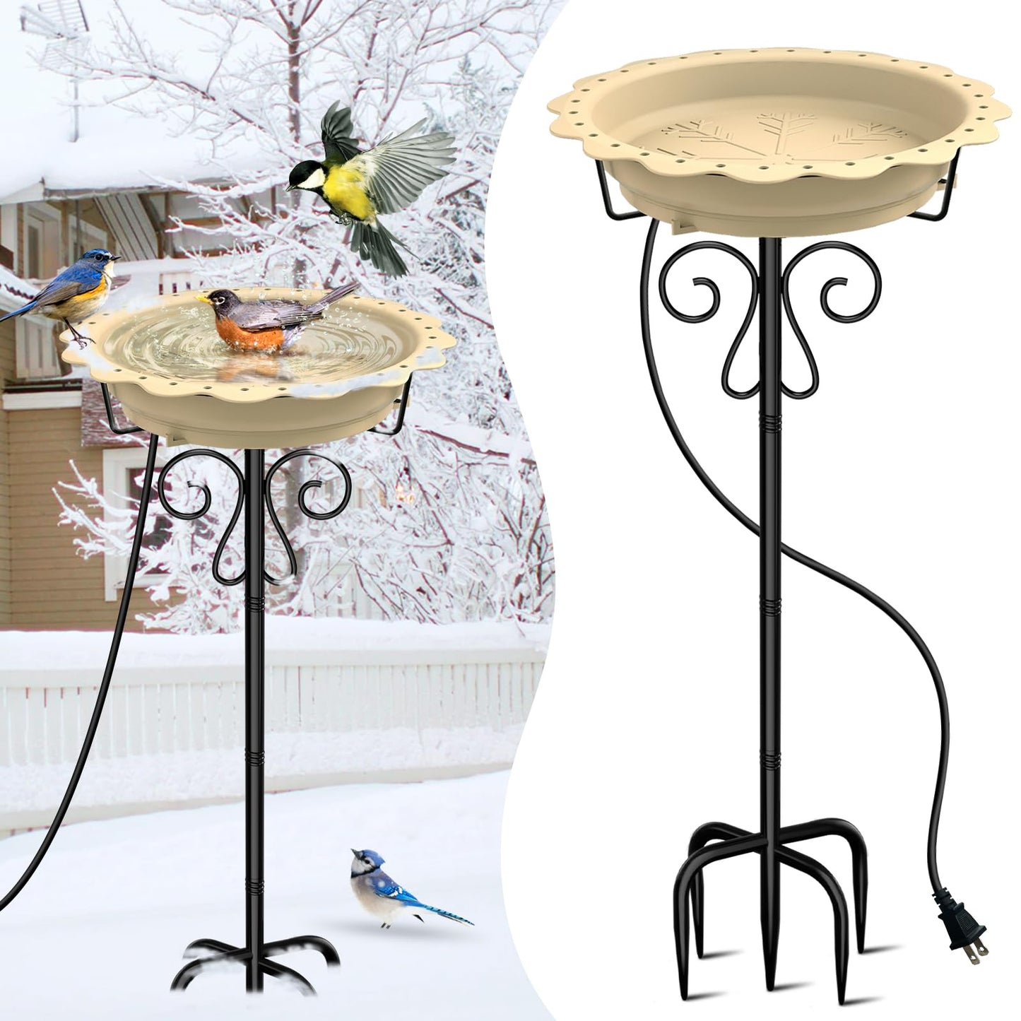 Jvgoo Heated Bird Bath for Outside Winter, Powerful 100W Thermostat Control Heated Bird Baths for Outdoors with 5-Prong Metal Stake, Heated Birdbath Water Heater for Garden Yard Patio Lawn (Khaki)