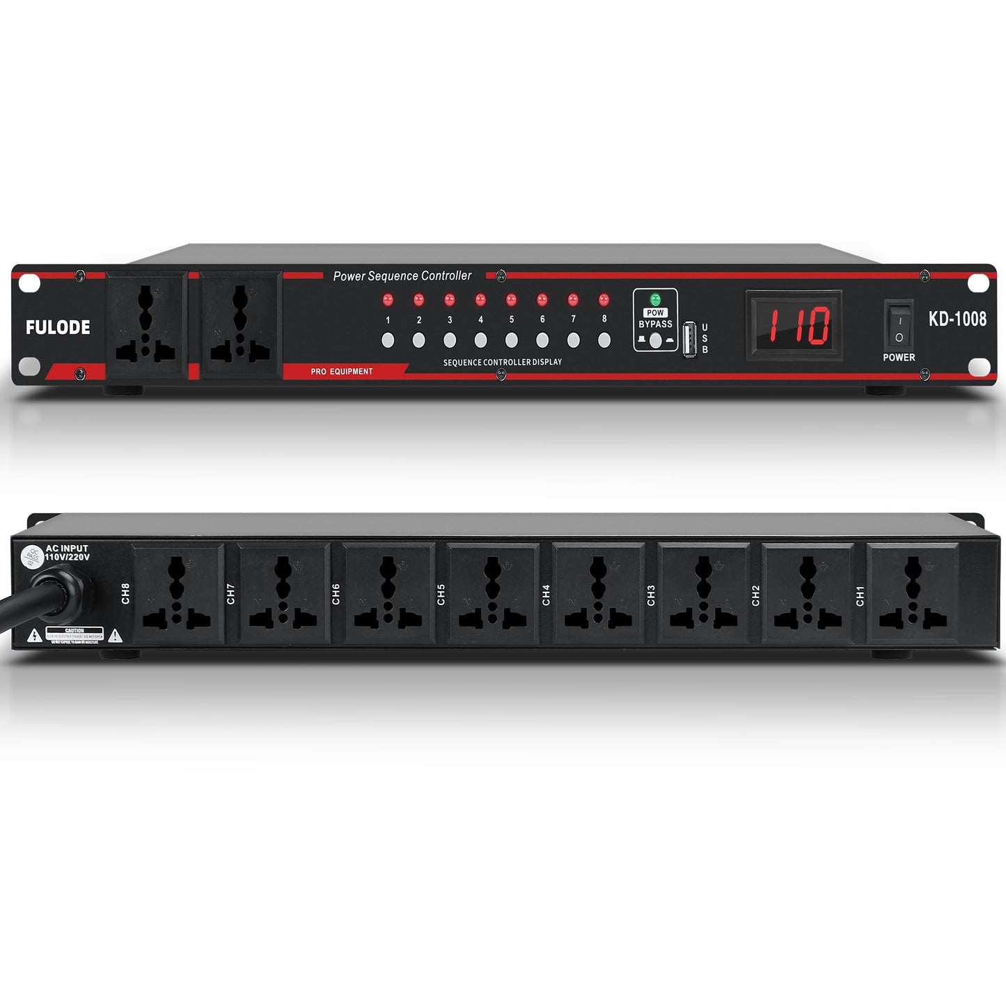 FULODE 10 Outlet Power conditioner -8 Independent Switch Rack power, Power conditioner rack mount Audio power conditioner Regulator w/Voltage Readout, With USB (KD-1008)