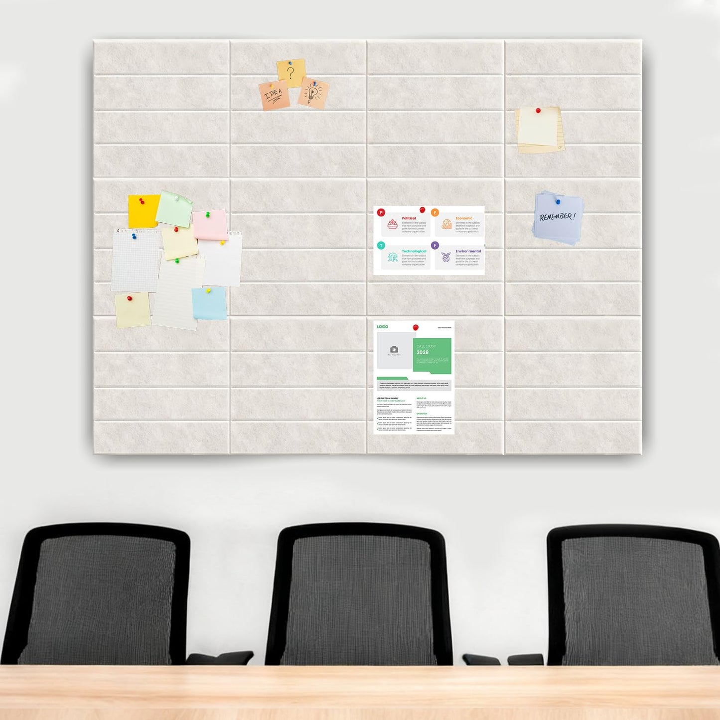 Large Cork Board for Walls, 12 Packs Beige Felt Wall Tiles with 35 Pushpins, 48" X 36" Large Bulletin Board, Removable Cork Board Alternative for Home School (Beige, Square Striped-12pcs)