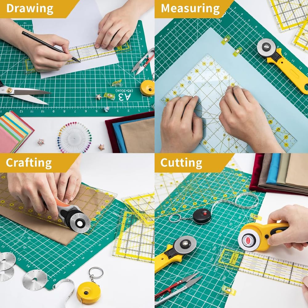 8 Pack Acrylic Quilting Ruler,Fabric Cutting Ruler,Clear Mark with Double Colored Grid Lines, for Quilting, Sewing & Crafts Template, with Non Slip Rings 50 Pieces