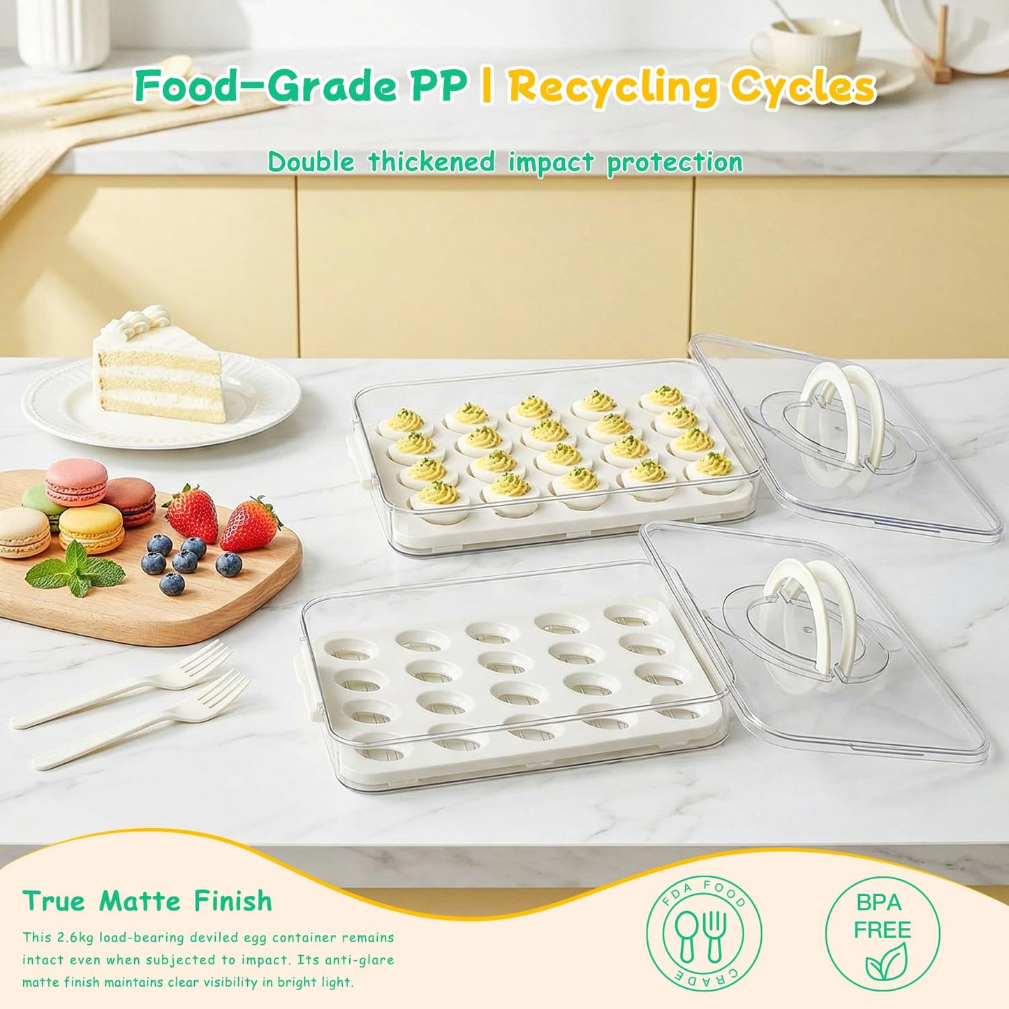 2 Pack Deviled Egg Containers with Lid, Durable Deviled Egg Platter, Fridge Portable Egg Tray with Lids for Party, Thickened Deviled Egg Carrier with Portable Insulated Bag & Piping Decorating Kit