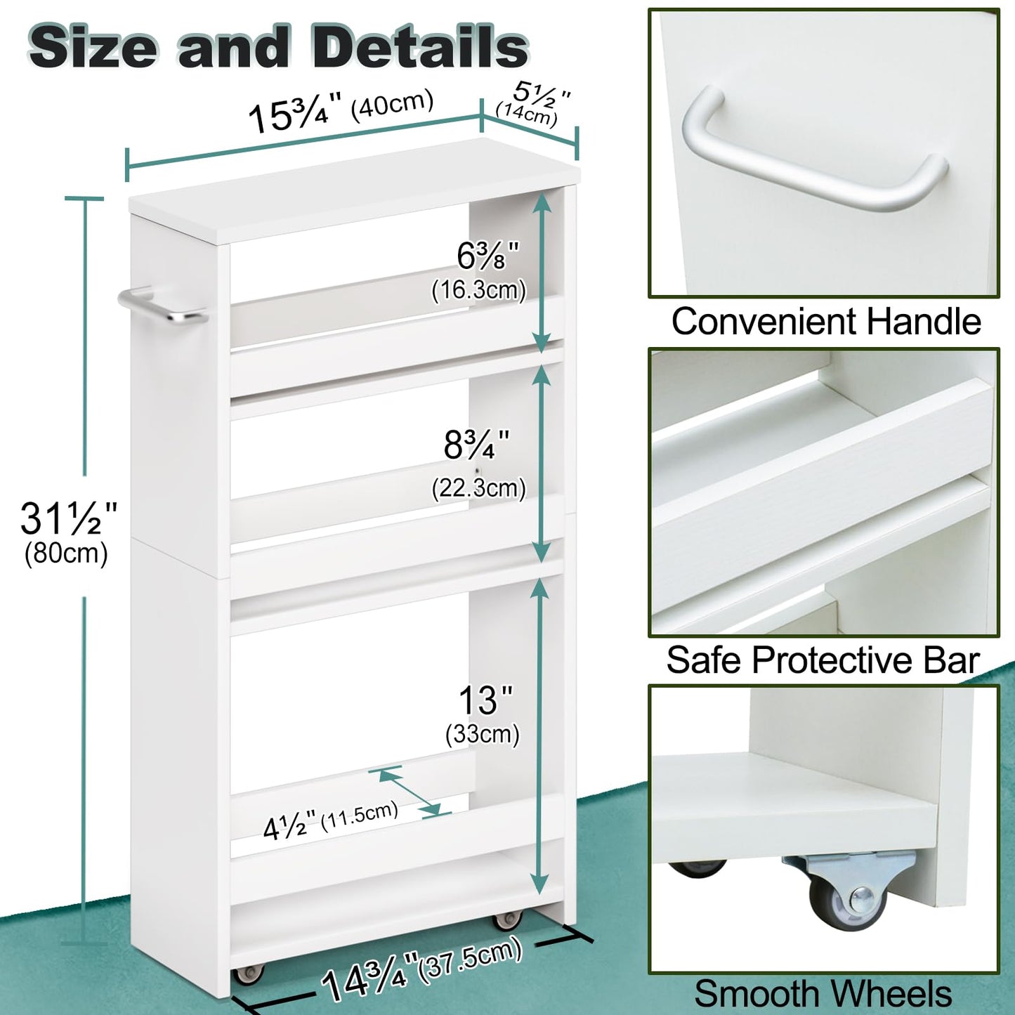 MARTY White Slim Storage Cart with Wheels, 4 Tier Rolling Utility Cart with Handle Slide Out Shelving Unit Organizer Trolley for Laundry Kitchen Bathroom Narrow Places Small Corner