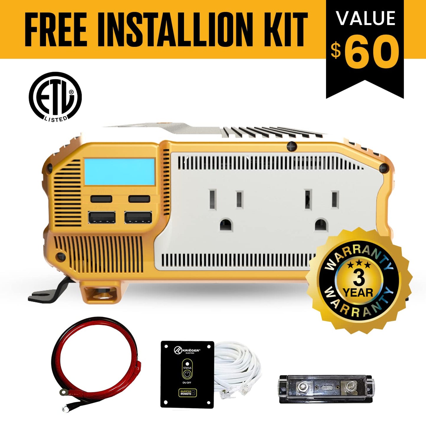 Krieger 1100 Watt 12V Power Inverter Dual 110V AC Outlets, Installation Kit Included, Automotive Back Up Power Supply for Blenders, Vacuums, Power Tools - ETL Approved Under UL STD 458