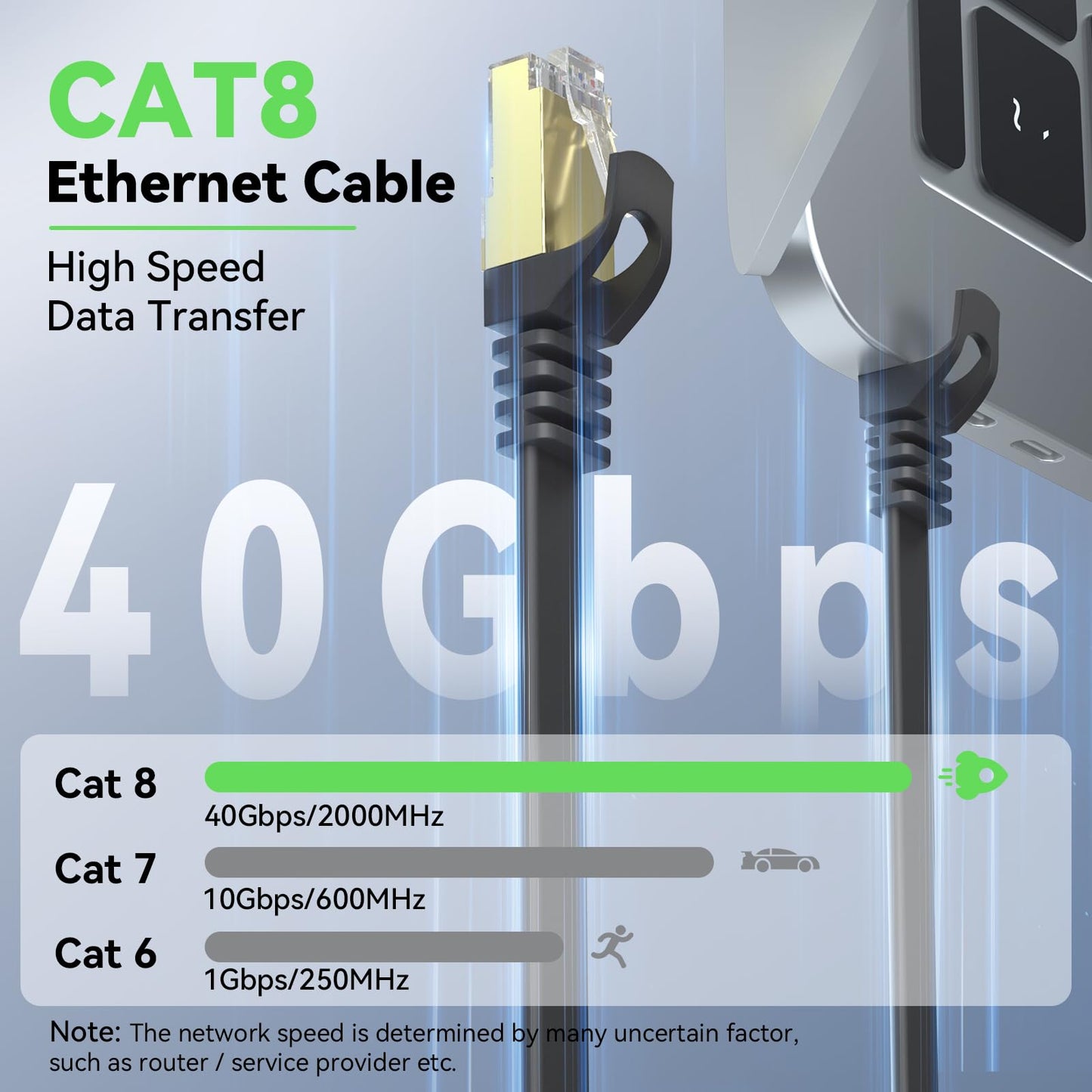 Cat 8 Ethernet Cable 100 FT, BUSOHE 40Gbps 2000MHz Cat8 High Speed Flat Internet Network Patch Cord, SFTP Shielded Lan Wire with Gold Plated RJ45 Connector, with Clips, for Outdoor Indoor- 100FT Black