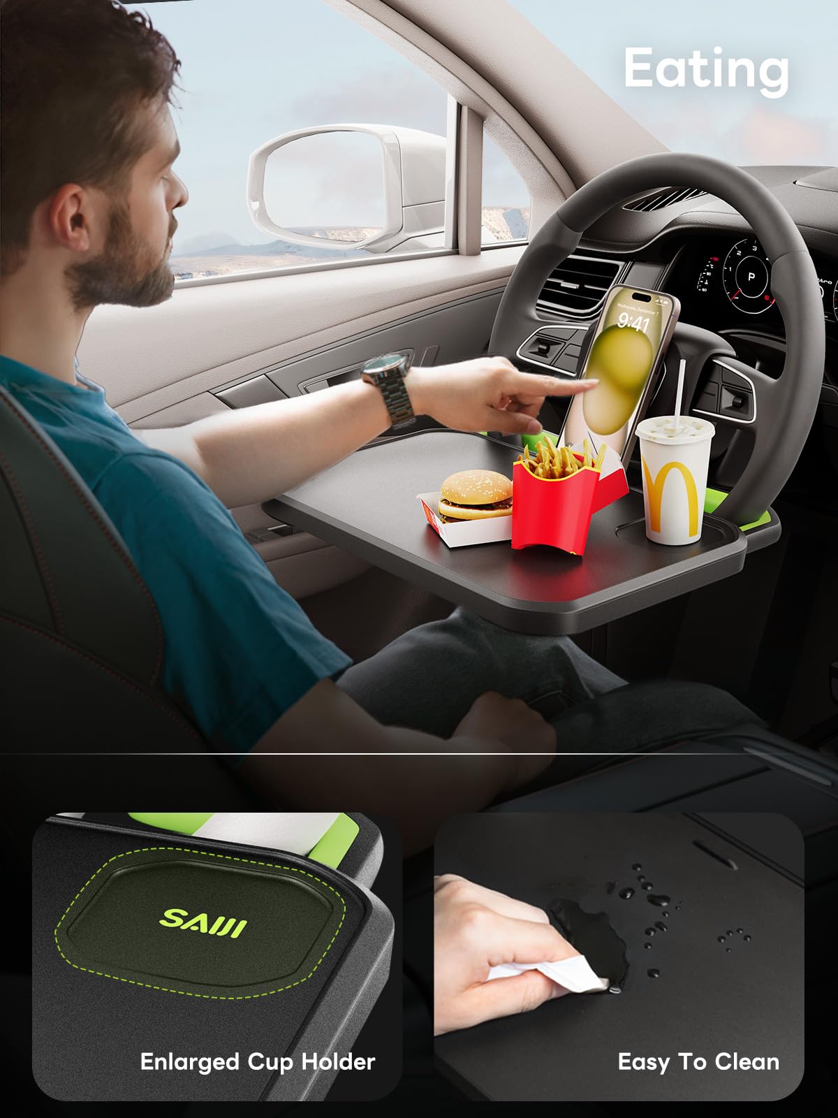 SAIJI Car Steering Wheel Desk with Retractable Slot, Car Food Tray with Anti-Scratch Silicone Steering Wheel Slot, Car Table Tray for Eating with Cup Holder, Multifunctional Travel Car Accessories