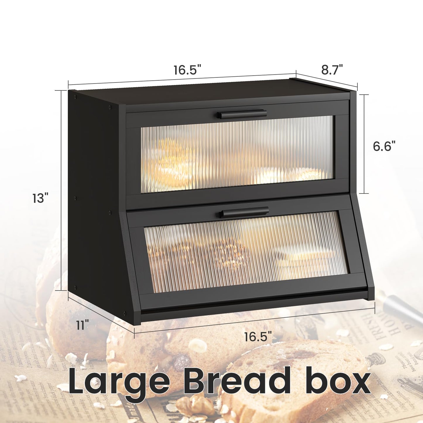 GHWIE Double Layer Bamboo Bread Box for Kitchen Counter,Large Capacity Bread Storage Bin,Bread Container with Acrylic Wavy Door Panel (Black, Medium)