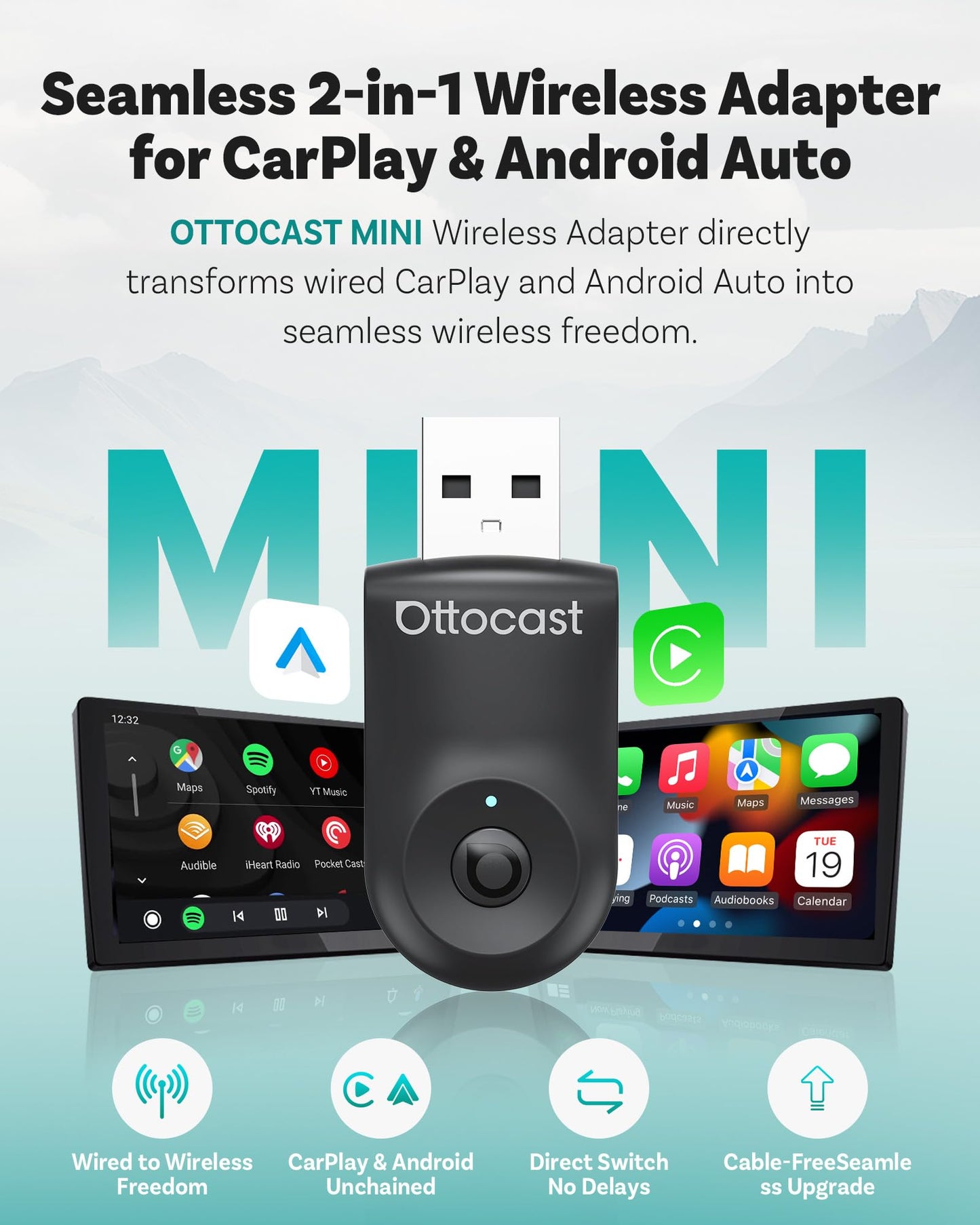 OTTOCAST Mini 2025 Wireless CarPlay & Android Auto 2-in-1 Adapter, Plug & Play, 5GHz WiFi, Auto Connect for iPhone & Android, Fits 98%+ OEM Wired CarPlay Cars