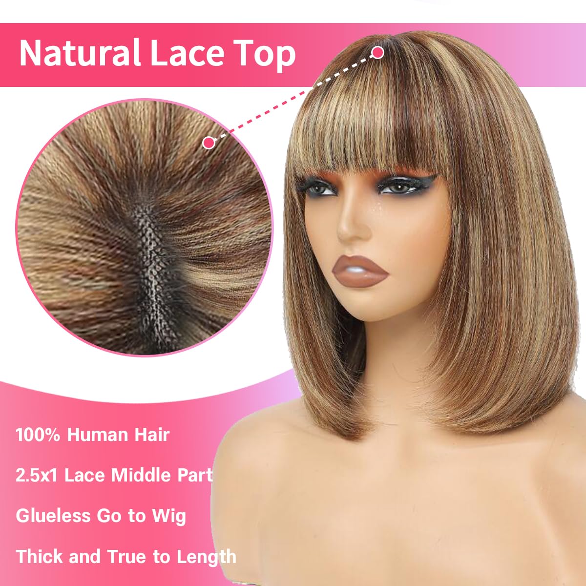 Bob Wig With Bangs Human Hair P4/27 Straight Wig Human Hair Short Human Hair Glueless Wear Wig Ombre Blonde Highlight Short Bob Wigs for Black Women 2.5X1 inch Bob Wig Human Hair 8Inch Short Bob