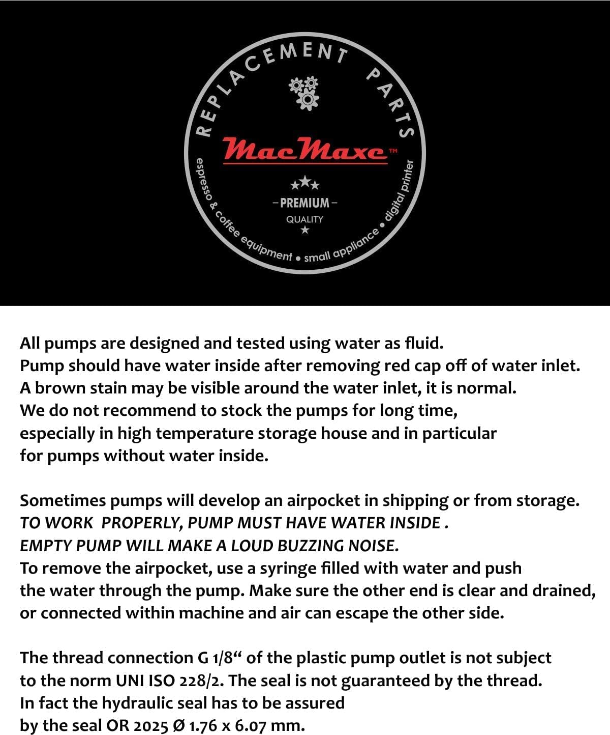 MacMaxe ULKA Model E Type EP5FM - Replacement Pump Compatible with Breville Espresso Machine - Solenoid Vibratory Water Pump with 2 O-Ring Seals - 15 Bar Max Pressure, 2/1 Min. On/Off, 120V, 60Hz, 46W