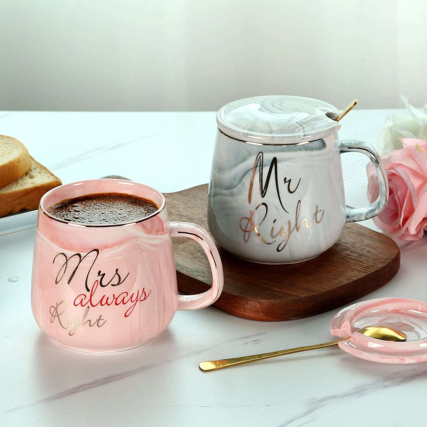 Mr and Mrs Couple Coffee Mugs - Best Wedding Gift Bridal Shower Engagement Gifts Set for Bride, Anniversary Birthday Valentine's Day Housewarming Gift Ideas, Unique 14 Oz Ceramic Marble Couple Gifts