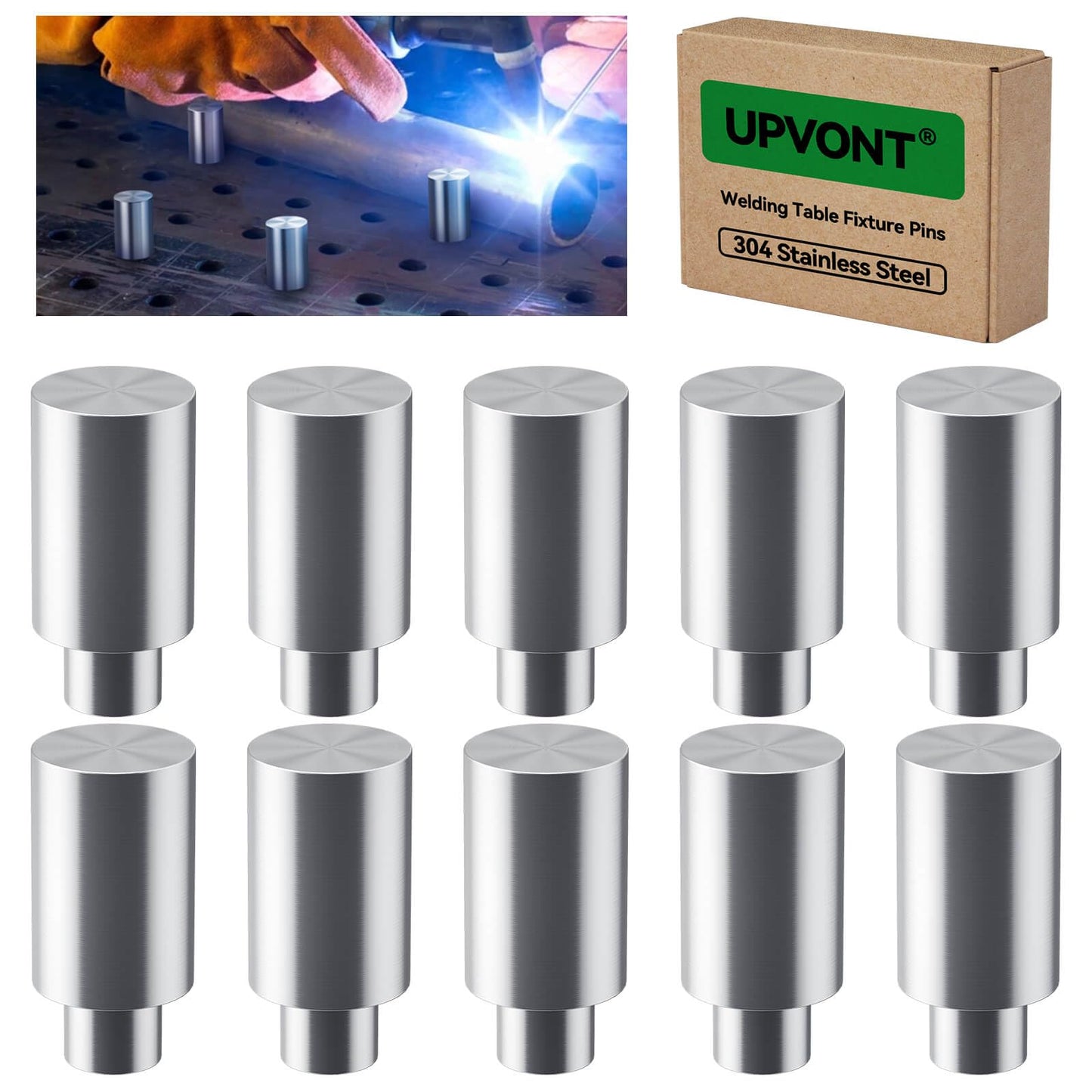 UPVONT Welding Table Fixture Pins – 304 Stainless Steel, for 5/8" Welding Table Holes, 2" Total Height Fixture Stops, Precision Welding Table Accessories, Maintenance-Free Use (10 PCS)